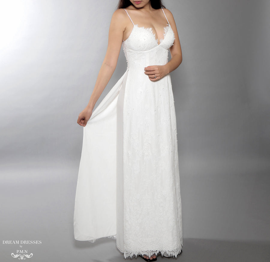 White Bridal Ao Dai | Vietnamese Lace Bridal Dress with Modern Neckline (#AIMEE) - Dream Dresses by P.M.N.