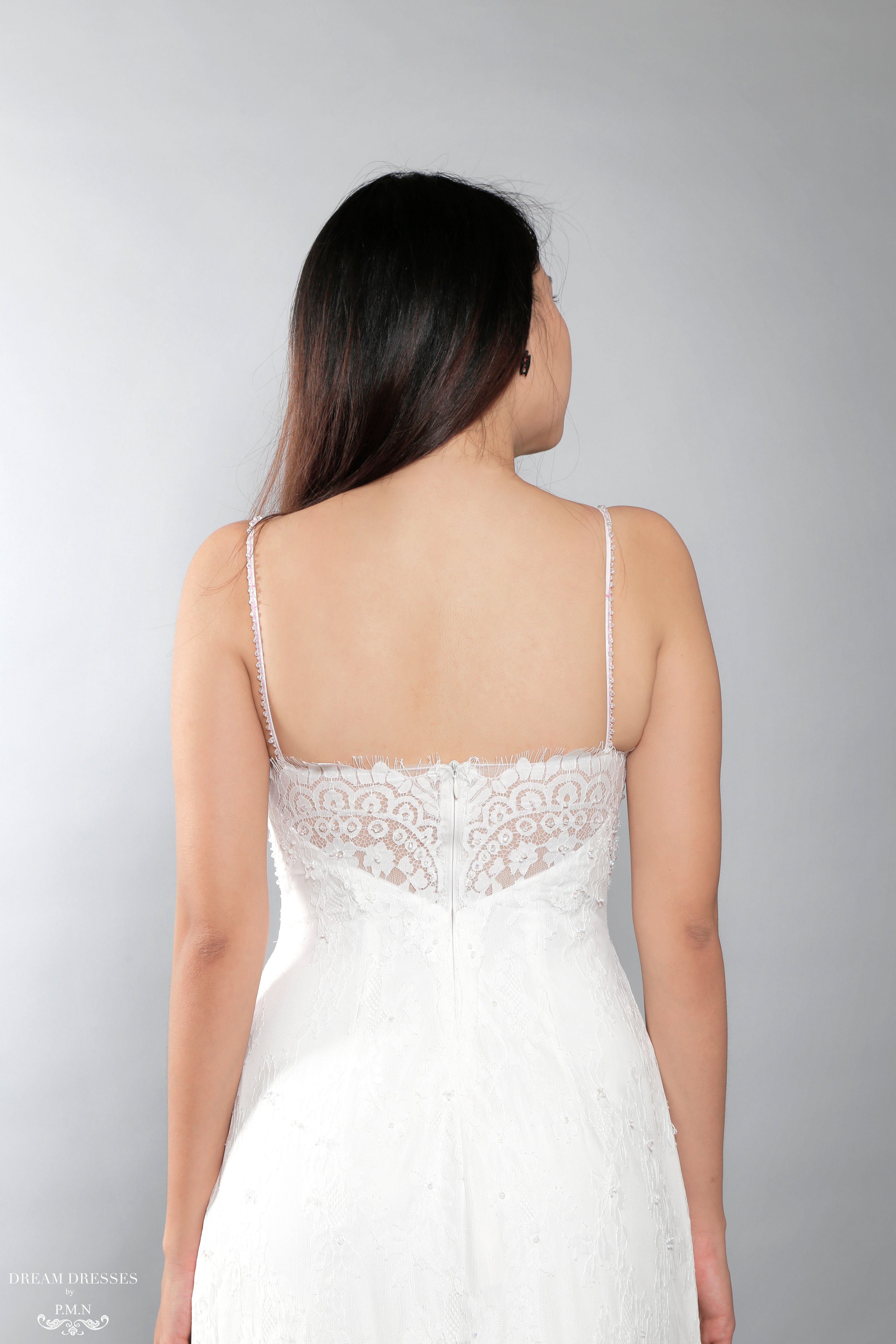 White Bridal Ao Dai | Vietnamese Lace Bridal Dress with Modern Neckline (#AIMEE)