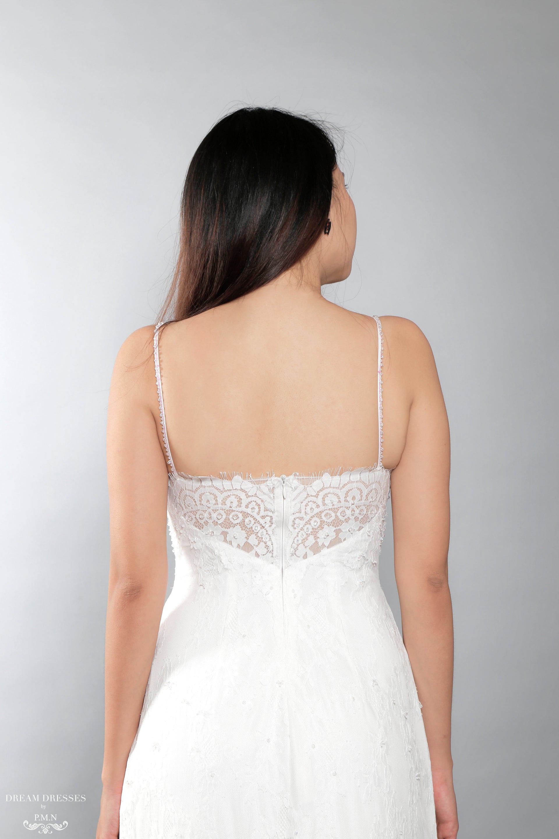 White Bridal Ao Dai | Vietnamese Lace Bridal Dress with Modern Neckline (#AIMEE) - Dream Dresses by P.M.N.