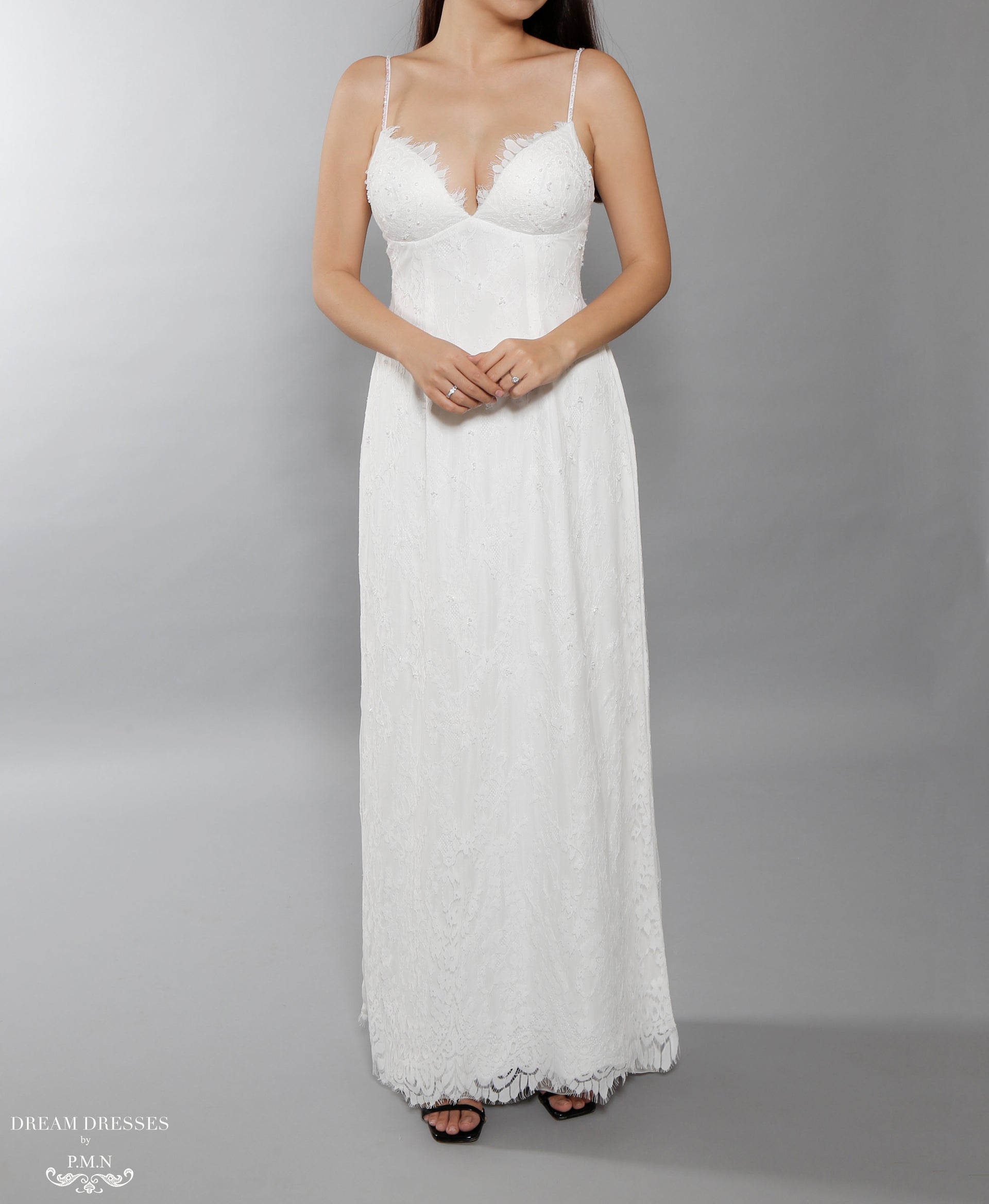 White Bridal Ao Dai | Vietnamese Lace Bridal Dress with Modern Neckline (#AIMEE) - Dream Dresses by P.M.N.