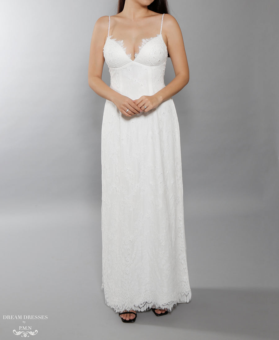 White Bridal Ao Dai | Vietnamese Lace Bridal Dress with Modern Neckline (#AIMEE) - Dream Dresses by P.M.N.