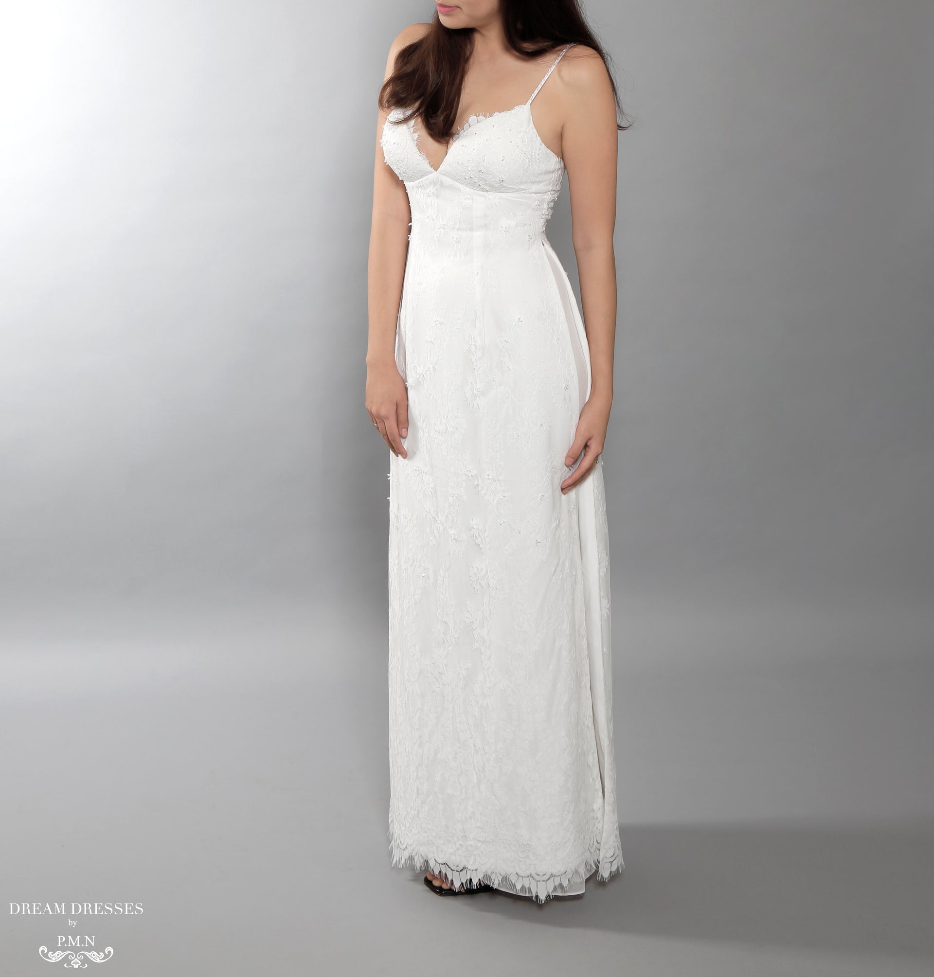 White Bridal Ao Dai | Vietnamese Lace Bridal Dress with Modern Neckline (#AIMEE) - Dream Dresses by P.M.N.