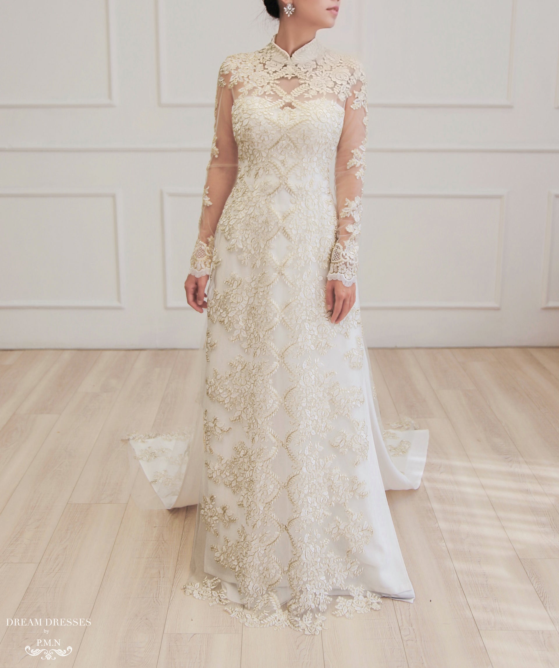 White Bridal Ao Dai | Vietnamese Lace Bridal Dress (#ALISE) - Dream Dresses by P.M.N.