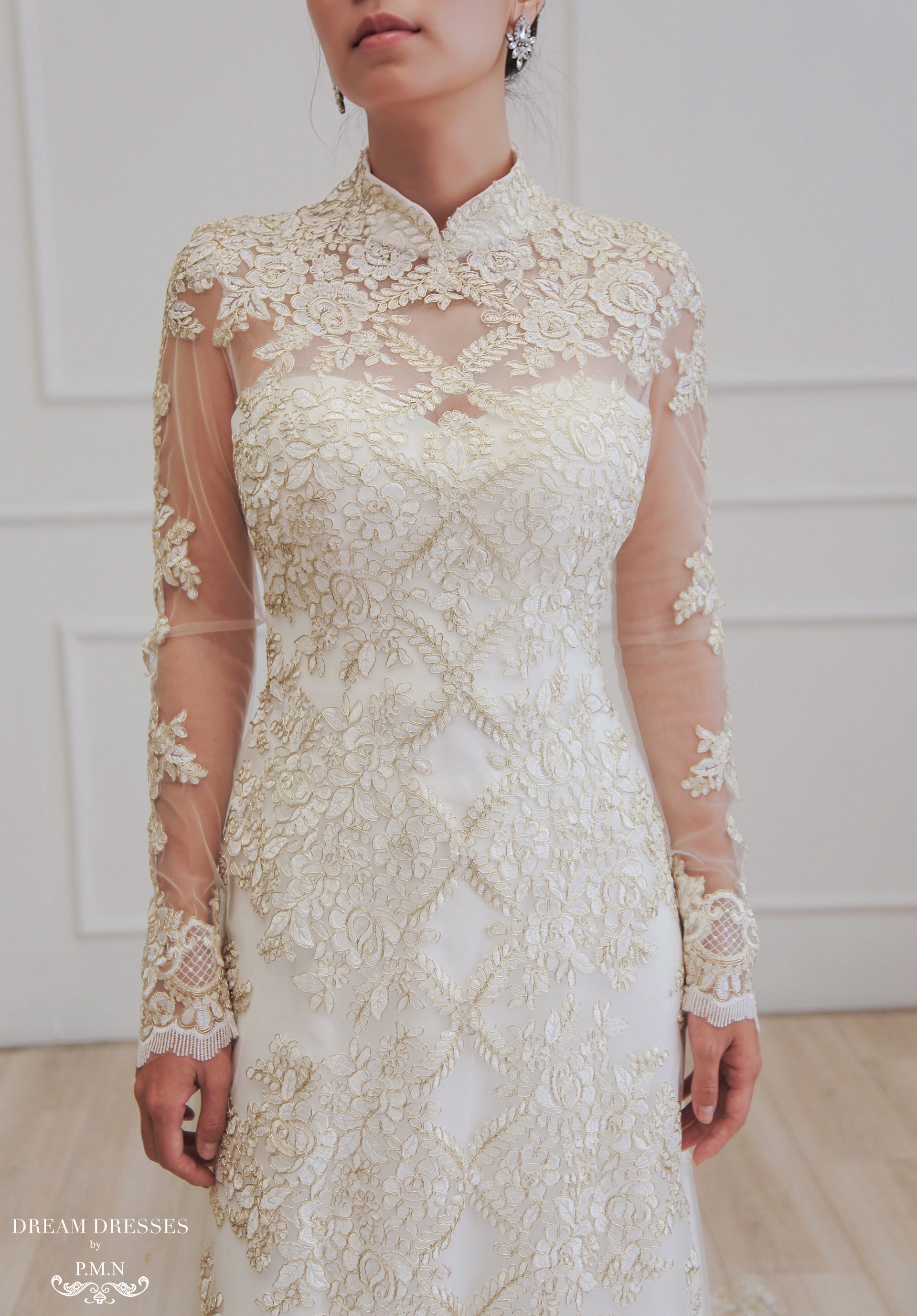 White Bridal Ao Dai | Vietnamese Lace Bridal Dress (#ALISE) - Dream Dresses by P.M.N.