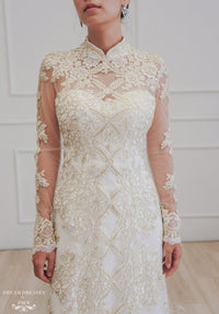 White Bridal Ao Dai | Vietnamese Lace Bridal Dress (#ALISE) - Dream Dresses by P.M.N.