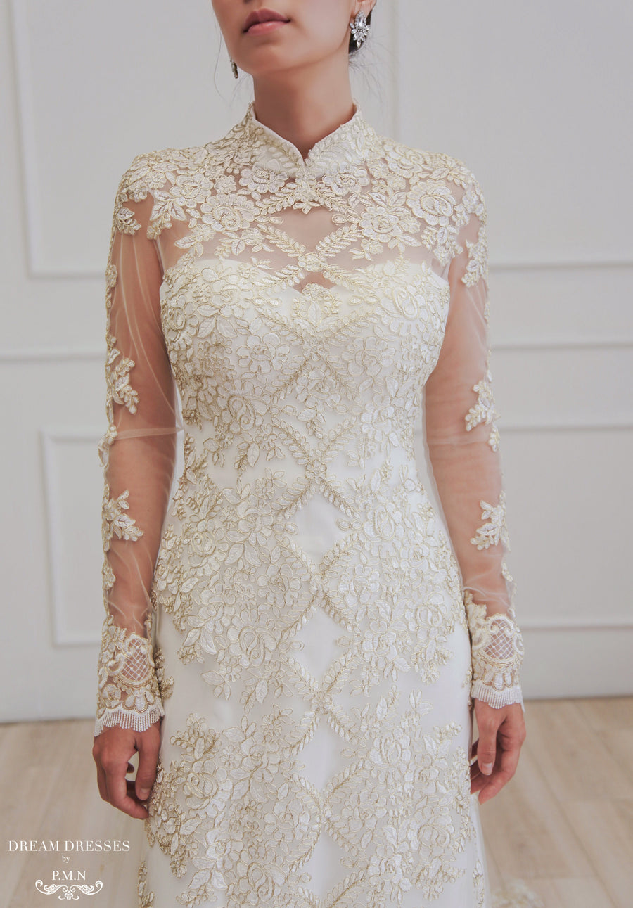 White Bridal Ao Dai | Vietnamese Lace Bridal Dress (#ALISE) - Dream Dresses by P.M.N.