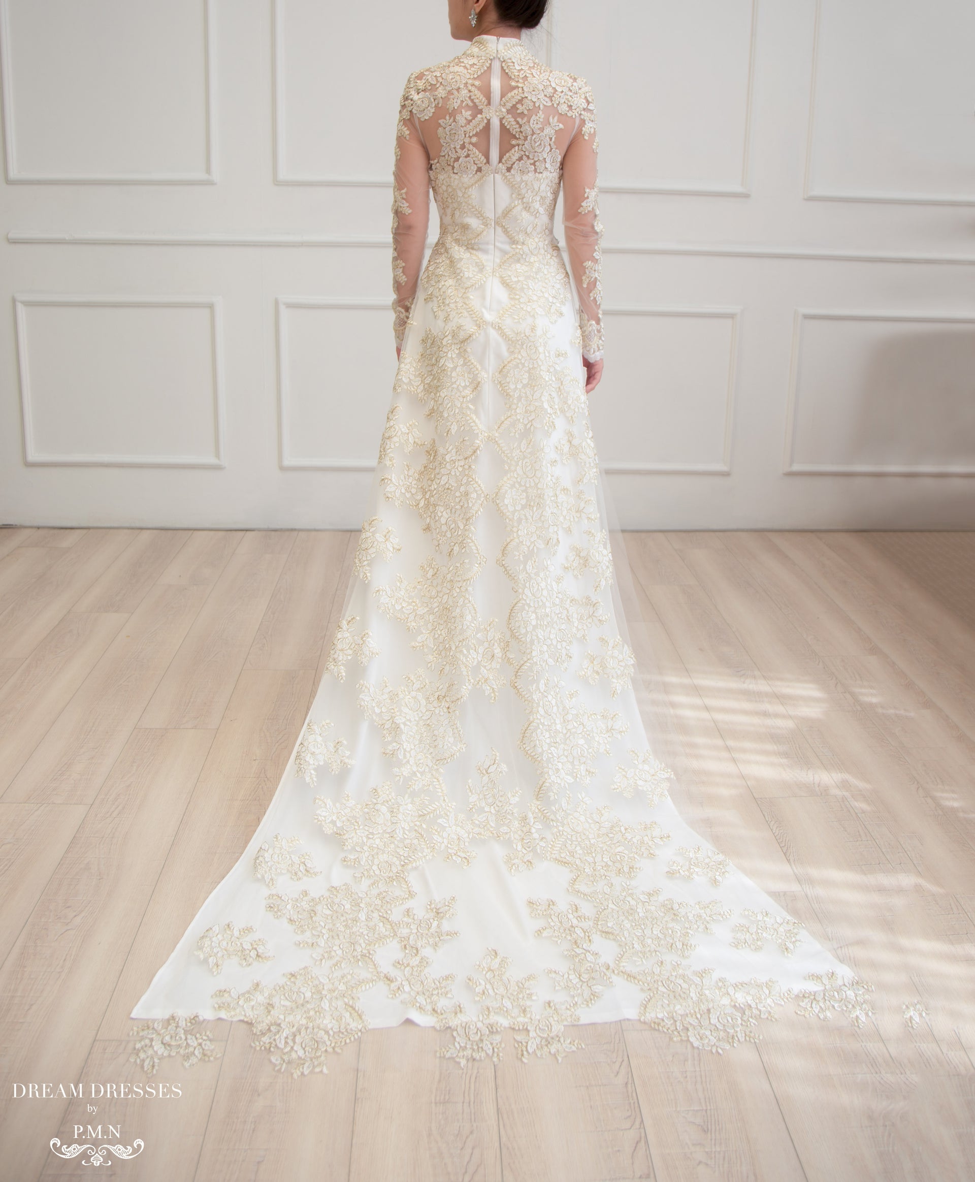 White Bridal Ao Dai | Vietnamese Lace Bridal Dress (#ALISE) - Dream Dresses by P.M.N.