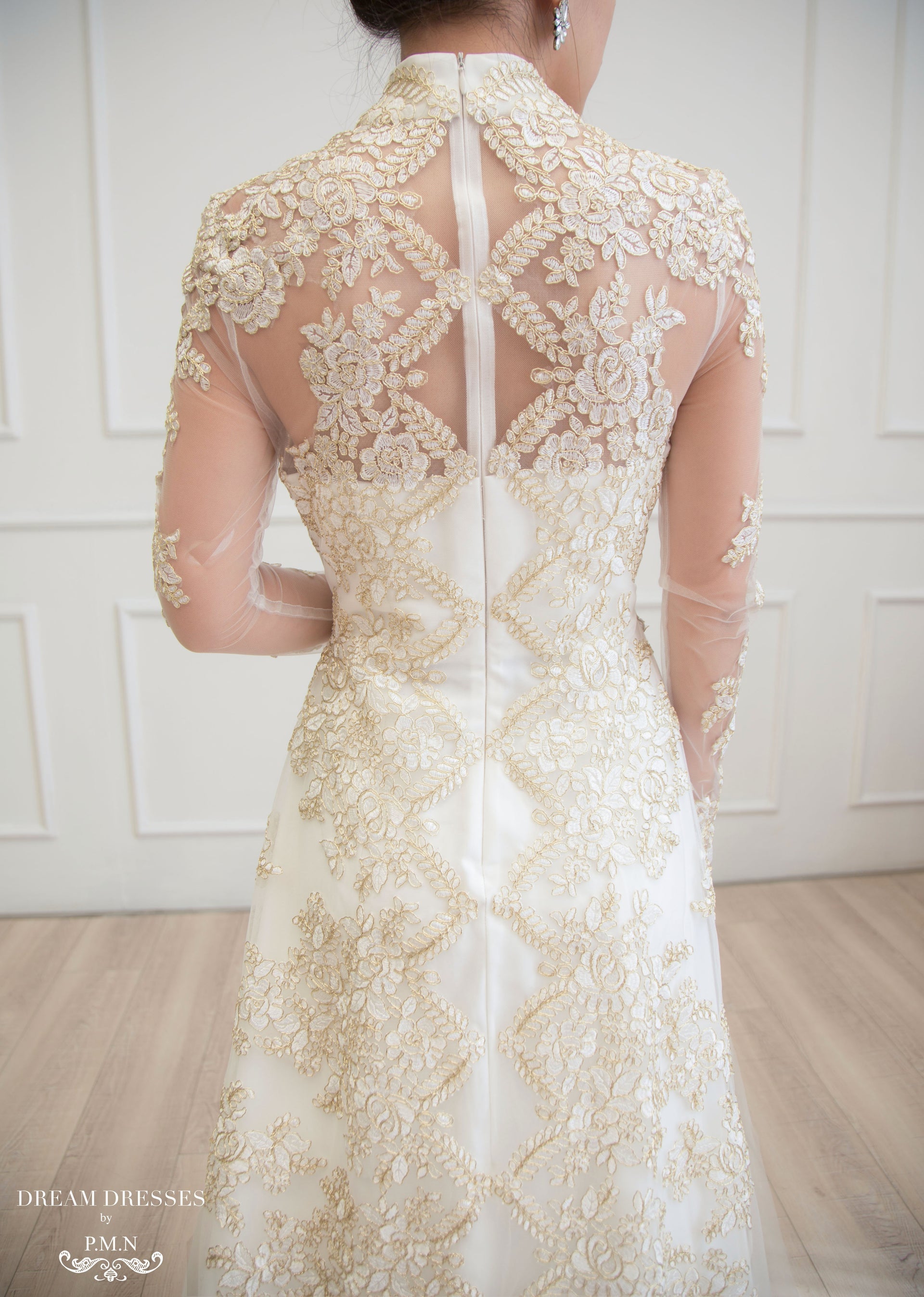 White Bridal Ao Dai | Vietnamese Lace Bridal Dress (#ALISE) - Dream Dresses by P.M.N.