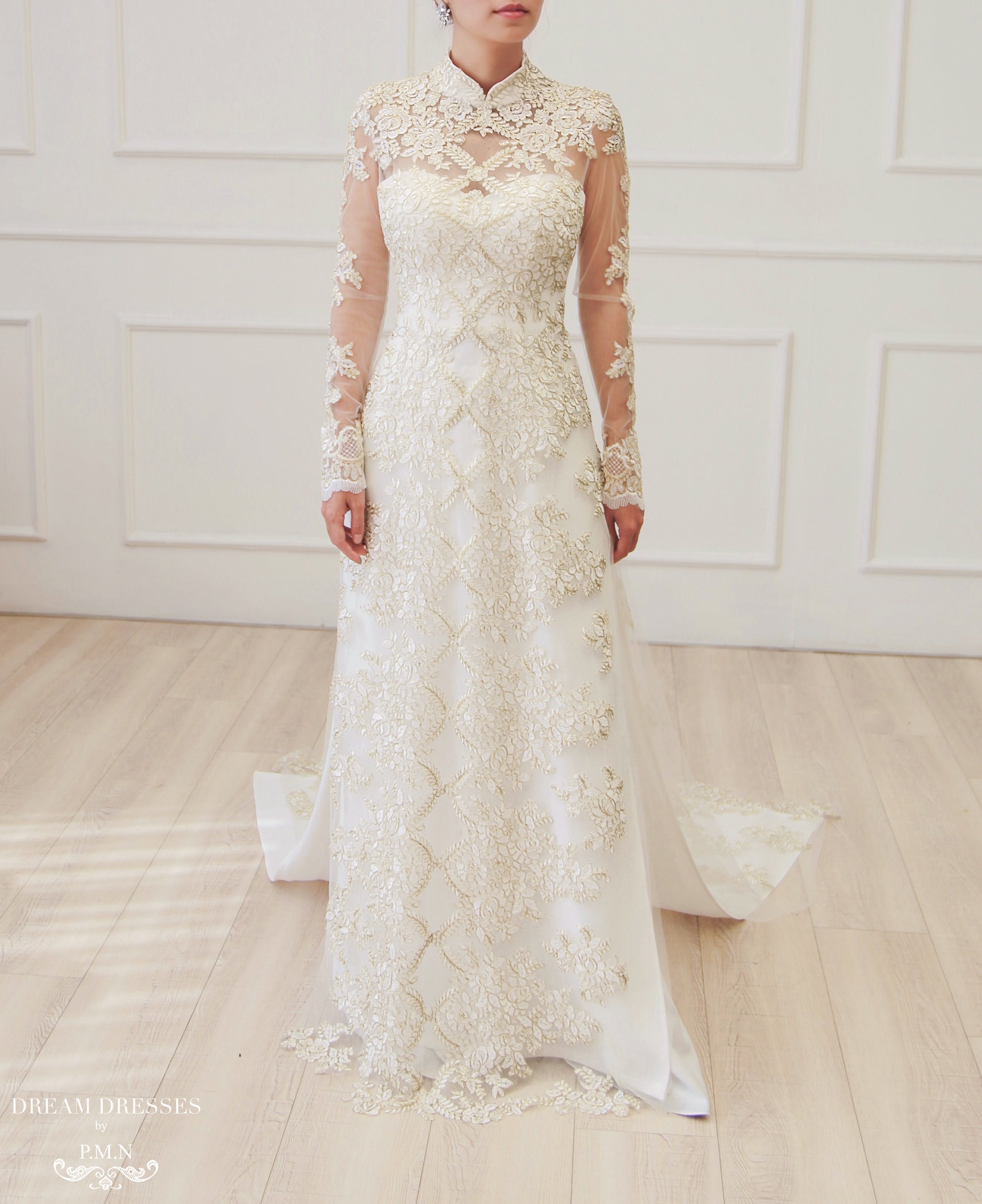 White Bridal Ao Dai | Vietnamese Lace Bridal Dress (#ALISE)