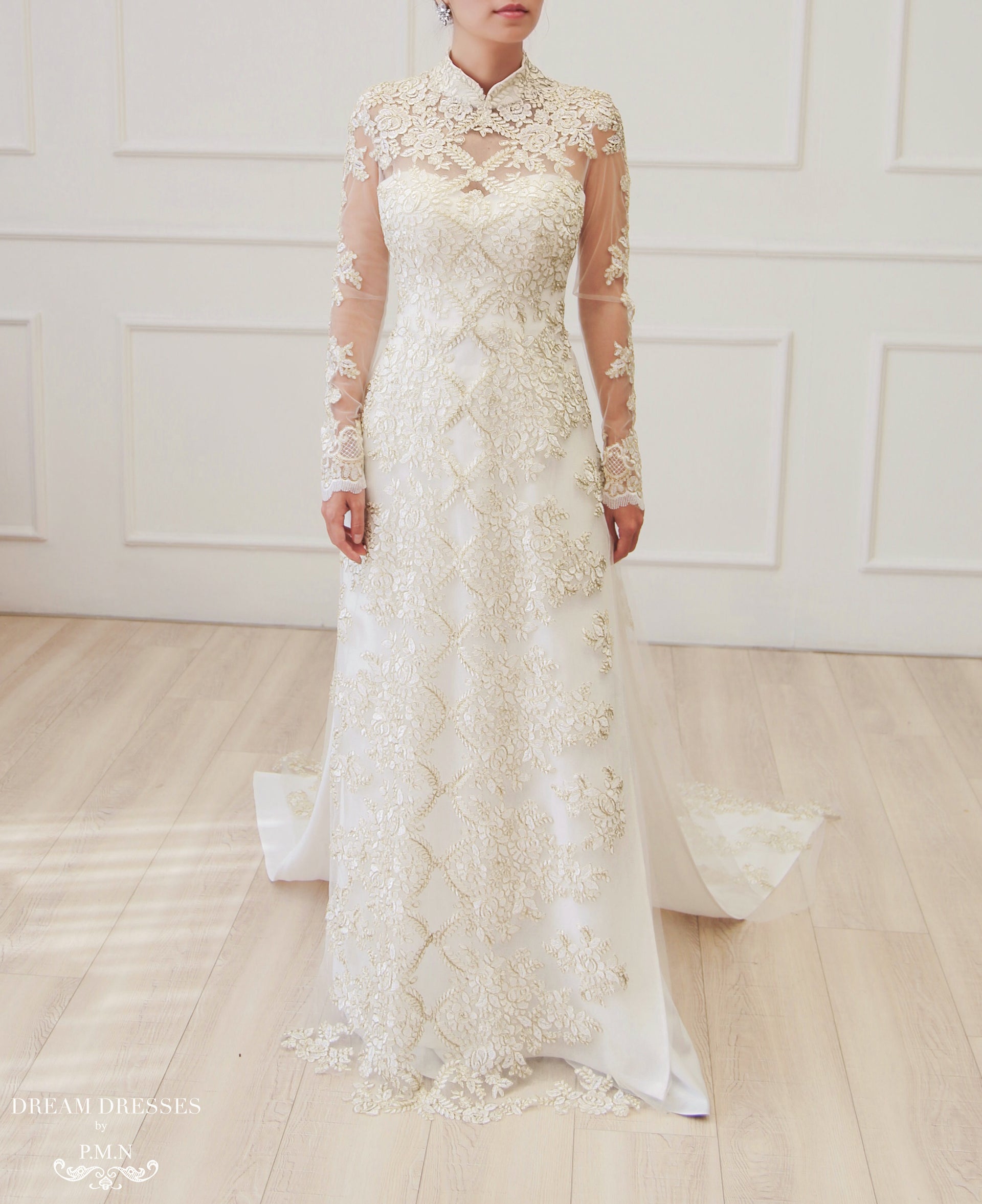 White Bridal Ao Dai | Vietnamese Lace Bridal Dress (#ALISE) - Dream Dresses by P.M.N.
