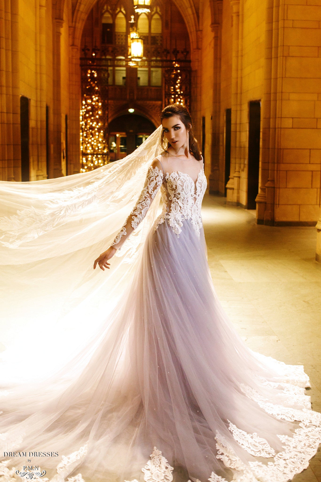 DreamDress By PMN Alsatia Haute A-Line Wedding Dress Gown Illusion Off Shoulder Floral Accents Chapel Train | Size: Small | Color: Dusty Blue DreamDress By PMN Alsatia Haute A-Line Wedding Dress Gown Illusion Off Shoulder Floral Accents Chapel Train | Size: Small | Color: Dusty Blue