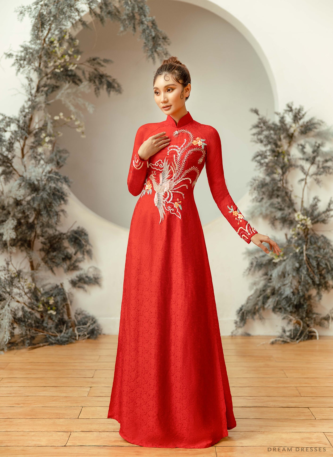 Red Bridal Ao Dai | Vietnamese Traditional Bridal Dress with Phoenix Embellishments (#AMAYA) - Dream Dresses by P.M.N.