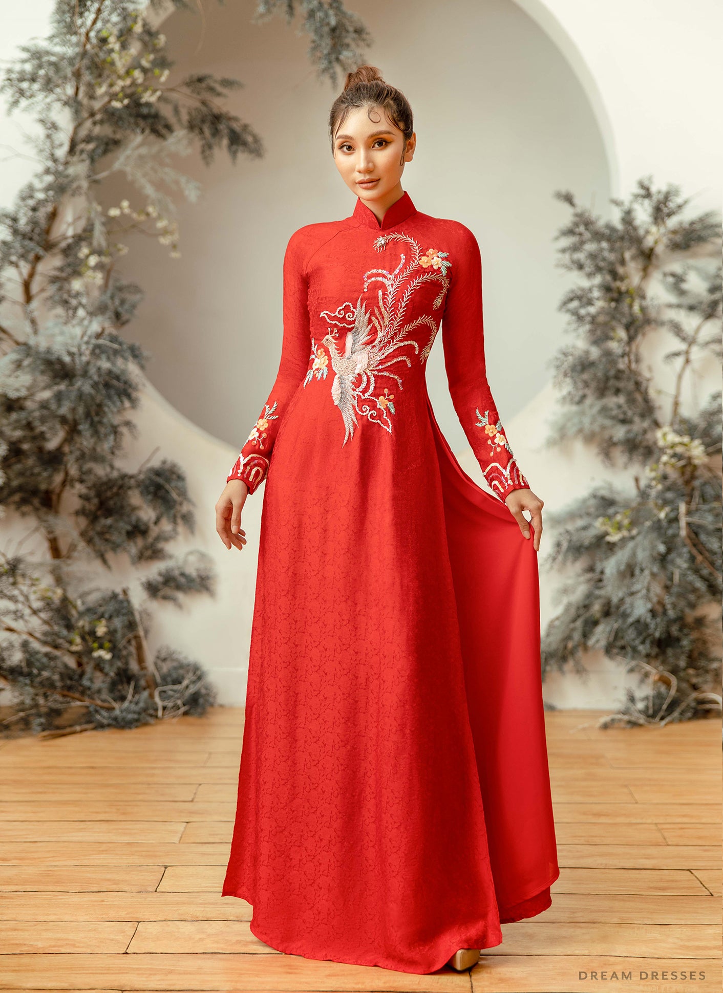 Red Bridal Ao Dai | Vietnamese Traditional Bridal Dress with Phoenix Embellishments (#AMAYA)