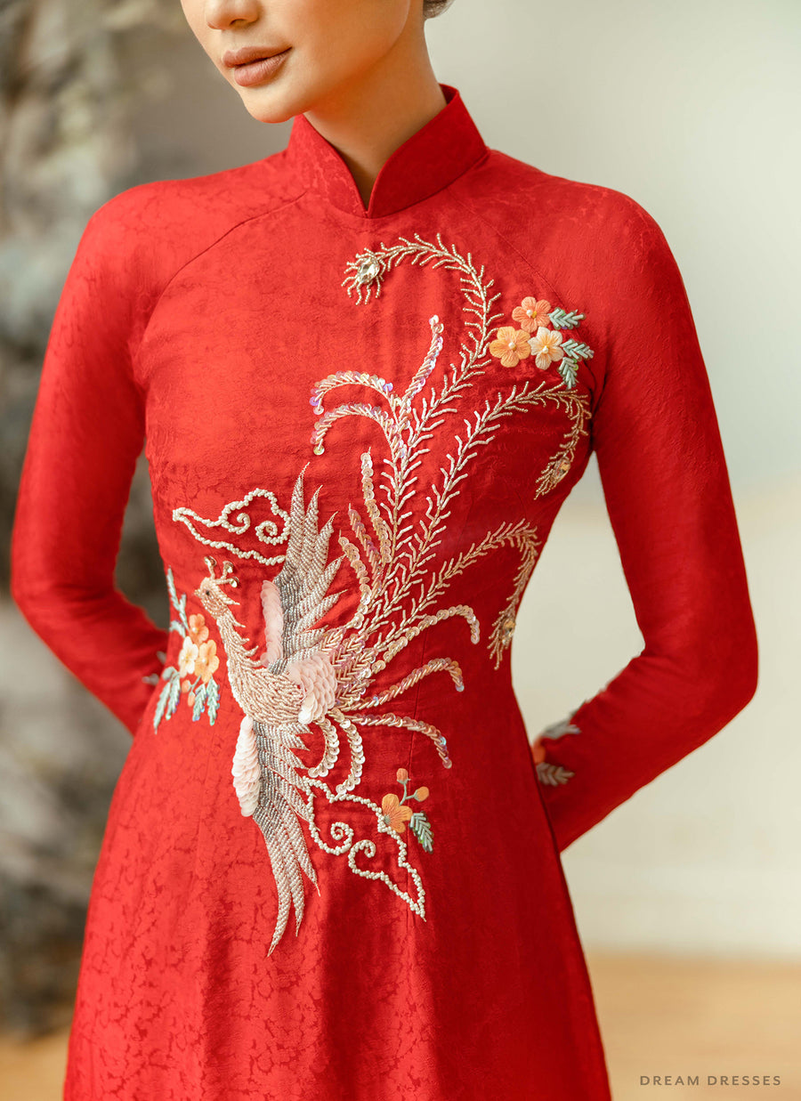 Red Bridal Ao Dai | Vietnamese Traditional Bridal Dress with Phoenix Embellishments (#AMAYA) - Dream Dresses by P.M.N.