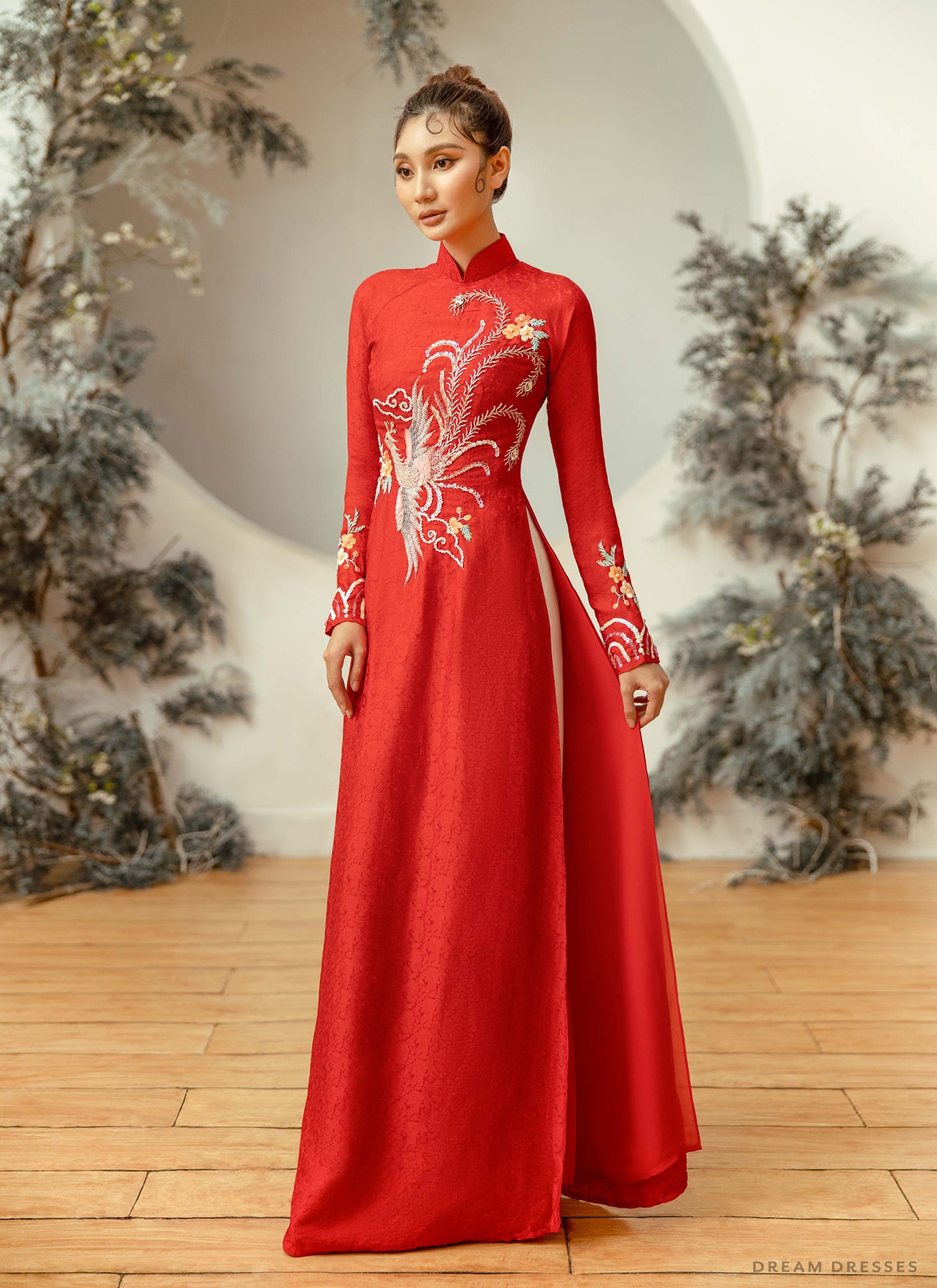 DreamDress By PMN Amaya Vietnamese Ao Dai Inspired Wedding Dress Gown Red Phoenix Accents Embellishment Chiffon Pants