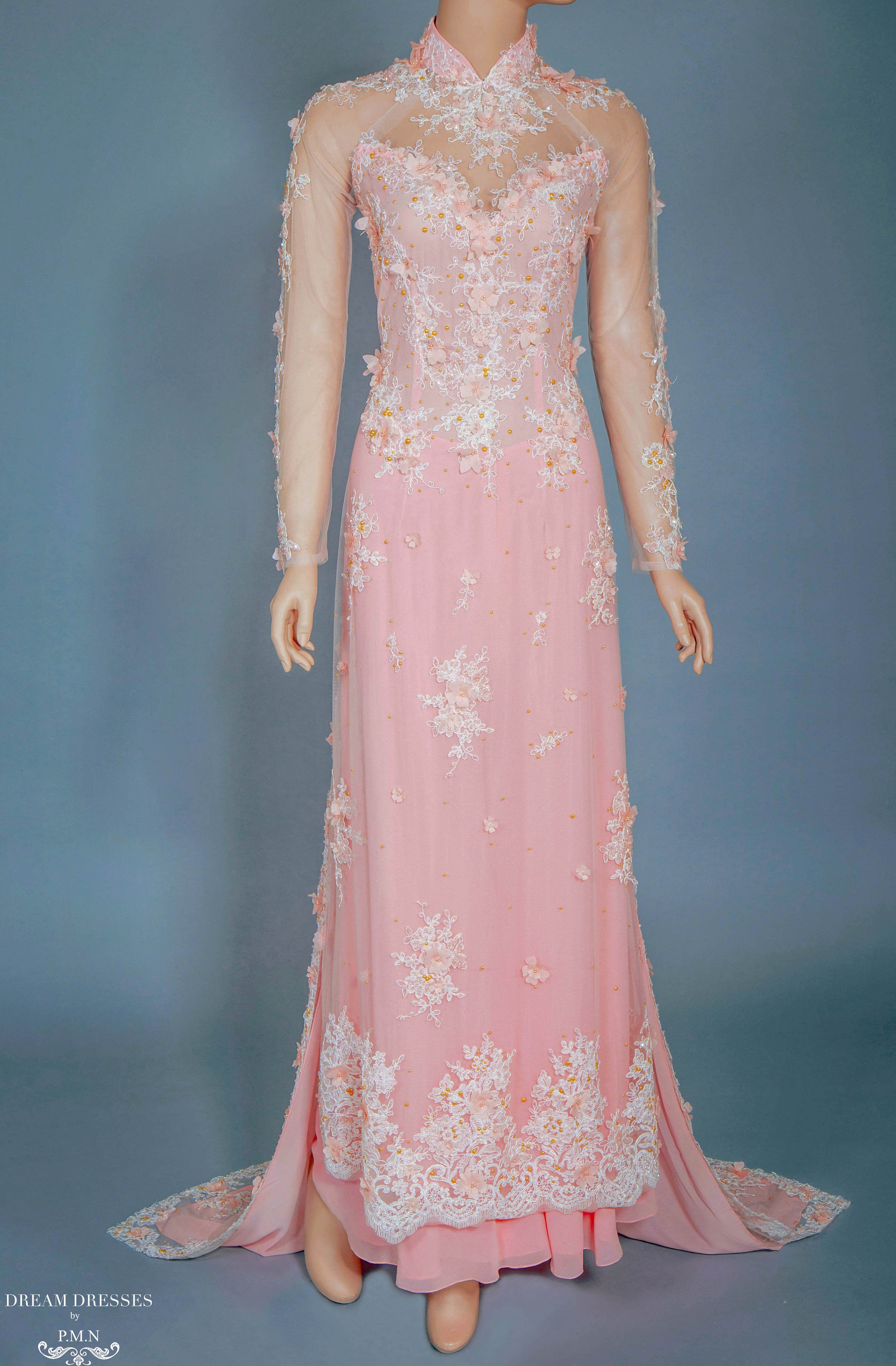 DreamDress By PMN Blush Pink Vietnamese Ao Dai Inspired Wedding Dress Gown Illusion Floral Embellishment Long Sleeves DreamDress By PMN Blush Pink Vietnamese Ao Dai Inspired Wedding Dress Gown Illusion Floral Embellishment Long Sleeves