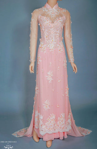 Blush Pink Bridal Ao Dai | Vietnamese Bridal Dress with Embellishment (#ANNIE)