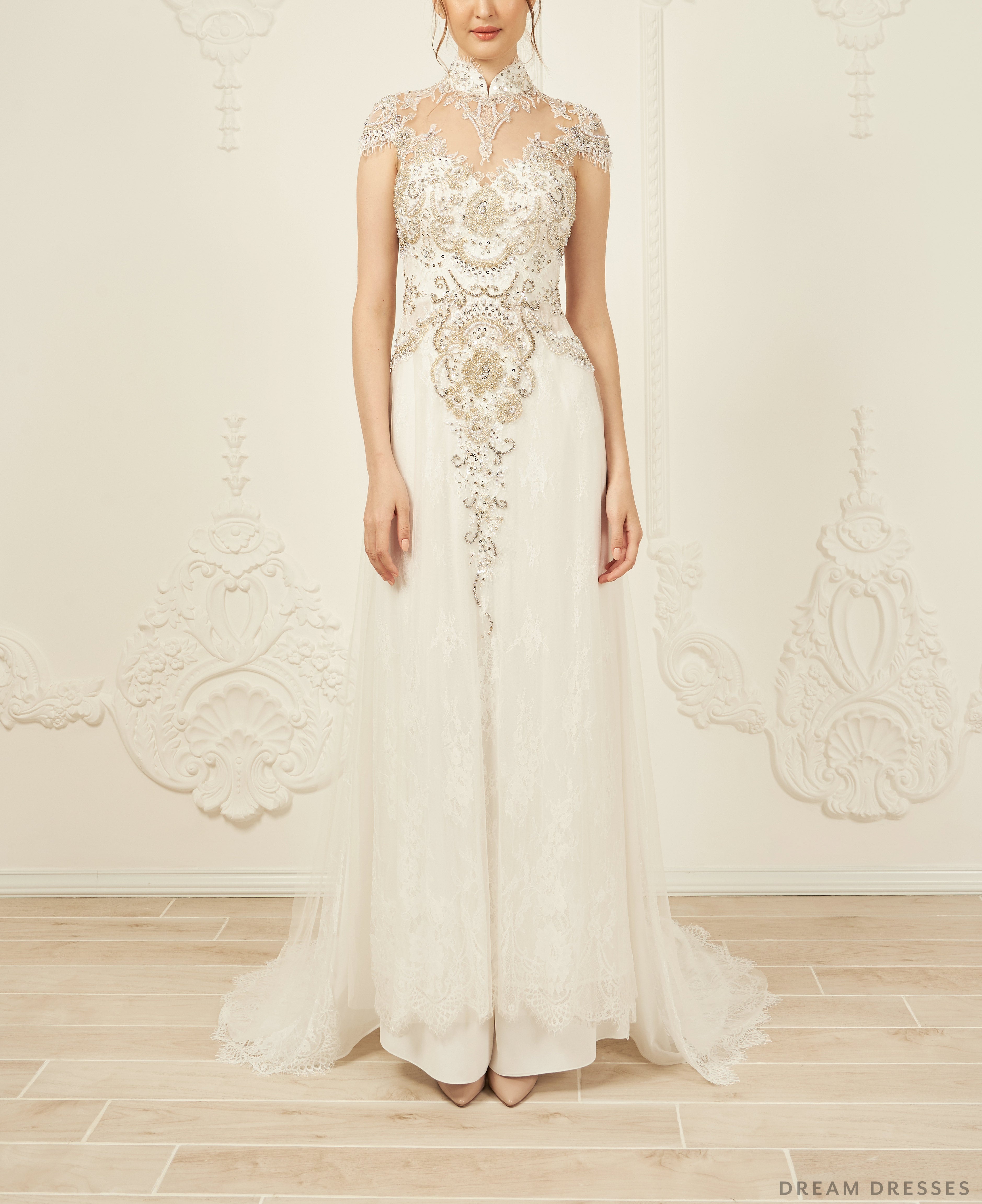 White Bridal Ao Dai | Modern Vietnamese Bridal Dress with Embellishments (#ANTHEA)