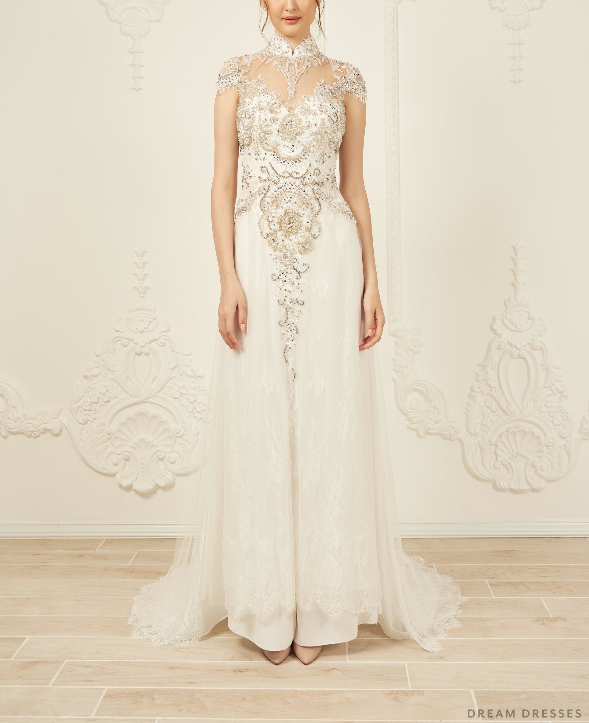 White Bridal Ao Dai | Modern Vietnamese Bridal Dress with Embellishments (#ANTHEA) - Dream Dresses by P.M.N.