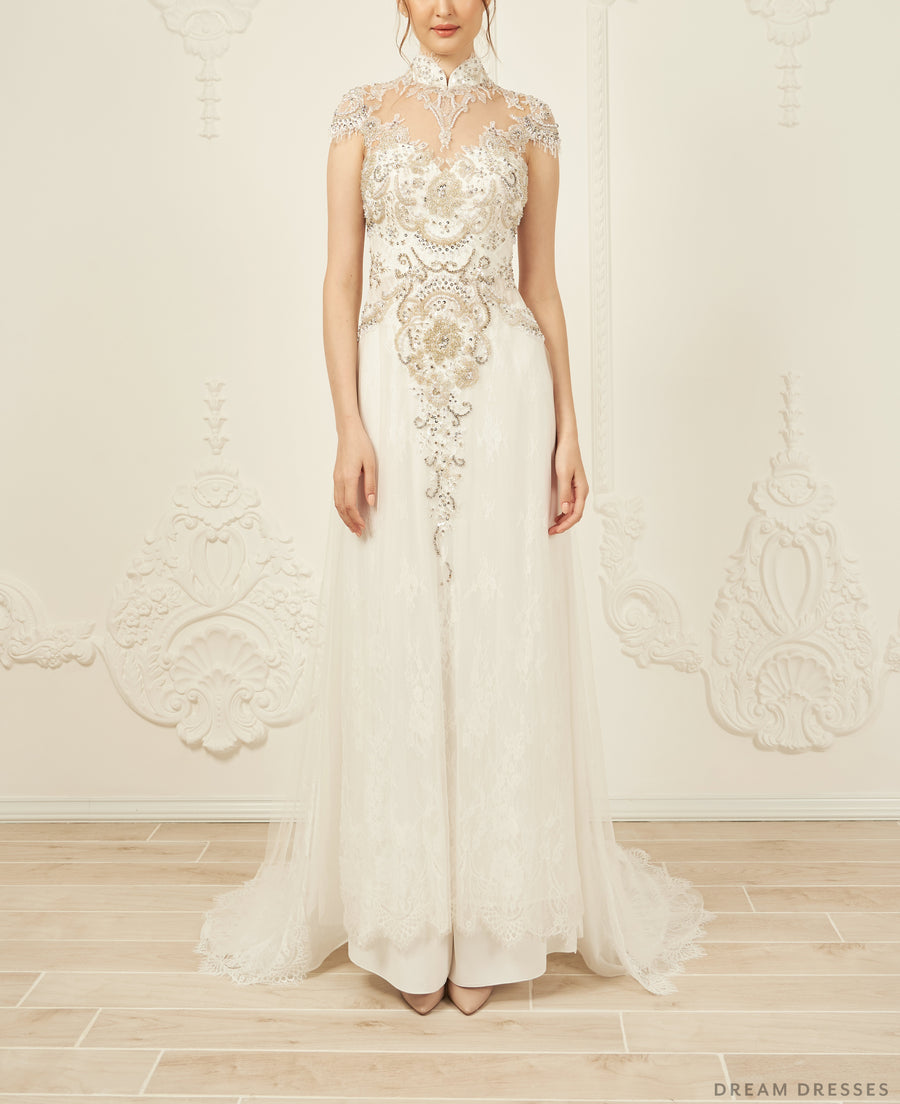 White Bridal Ao Dai | Modern Vietnamese Bridal Dress with Embellishments (#ANTHEA) - Dream Dresses by P.M.N.