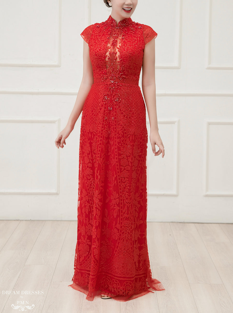 Red Bridal Ao Dai | Vietnamese Bridal Dress (#APOLLINE) - Dream Dresses by P.M.N.