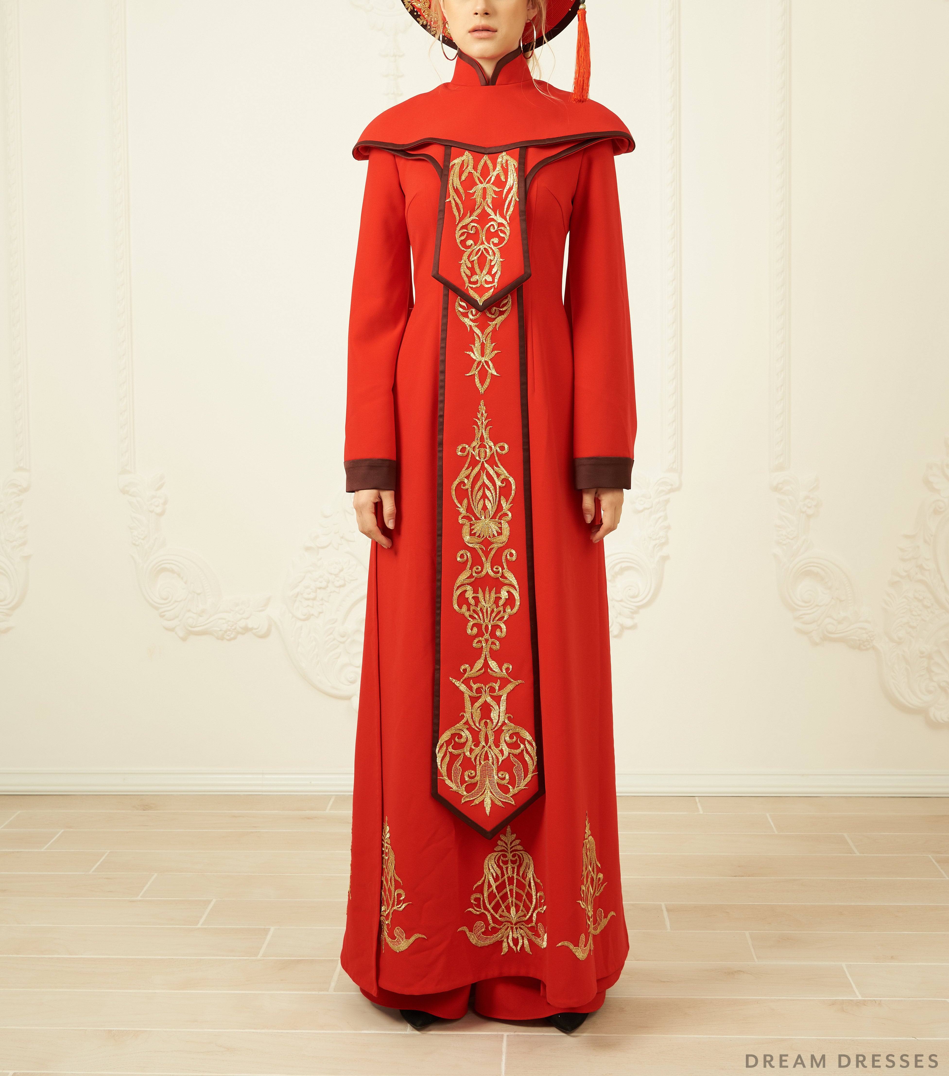 Red and Gold Ao Dai | Vietnamese Bridal Dress (#ARNELLE)