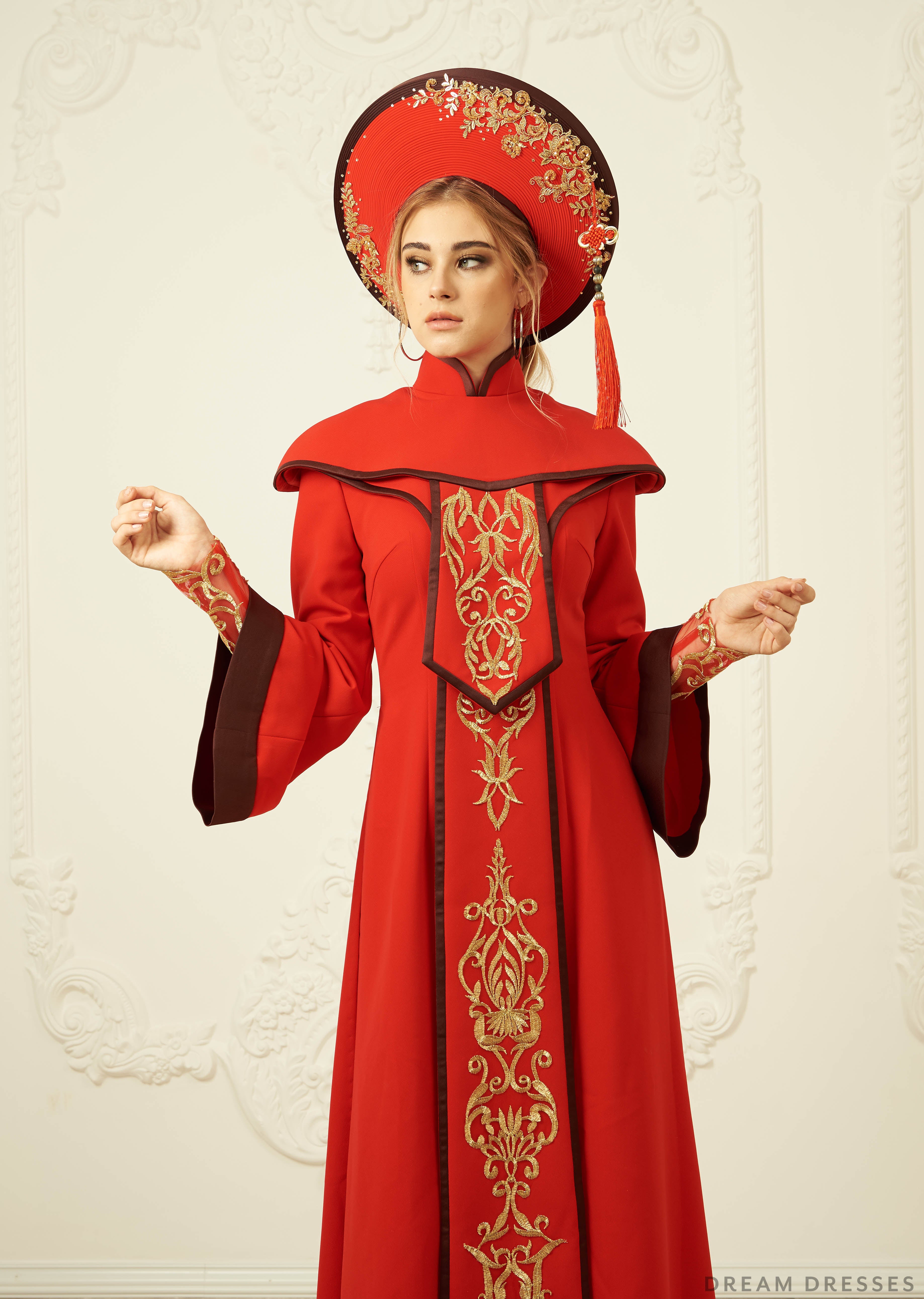 Red and Gold Ao Dai | Vietnamese Bridal Dress (#ARNELLE)
