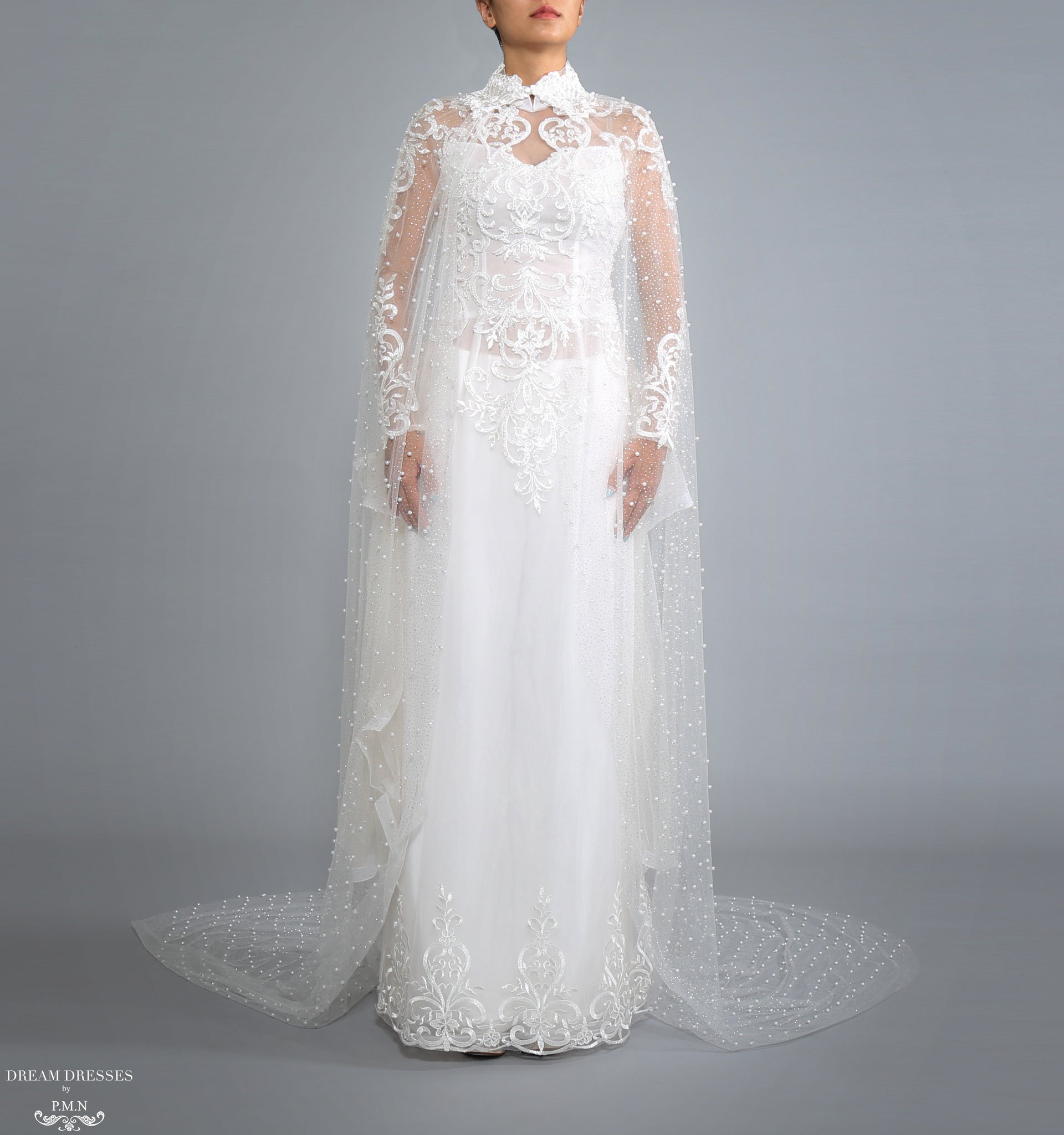 Sparkling Cathedral Pearl Bridal Cape (#AXELLI) - Dream Dresses by P.M.N.