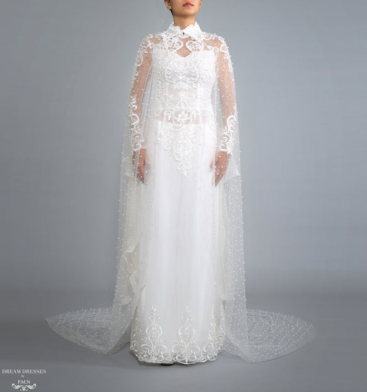 Sparkling Cathedral Pearl Bridal Cape (#AXELLI) - Dream Dresses by P.M.N.