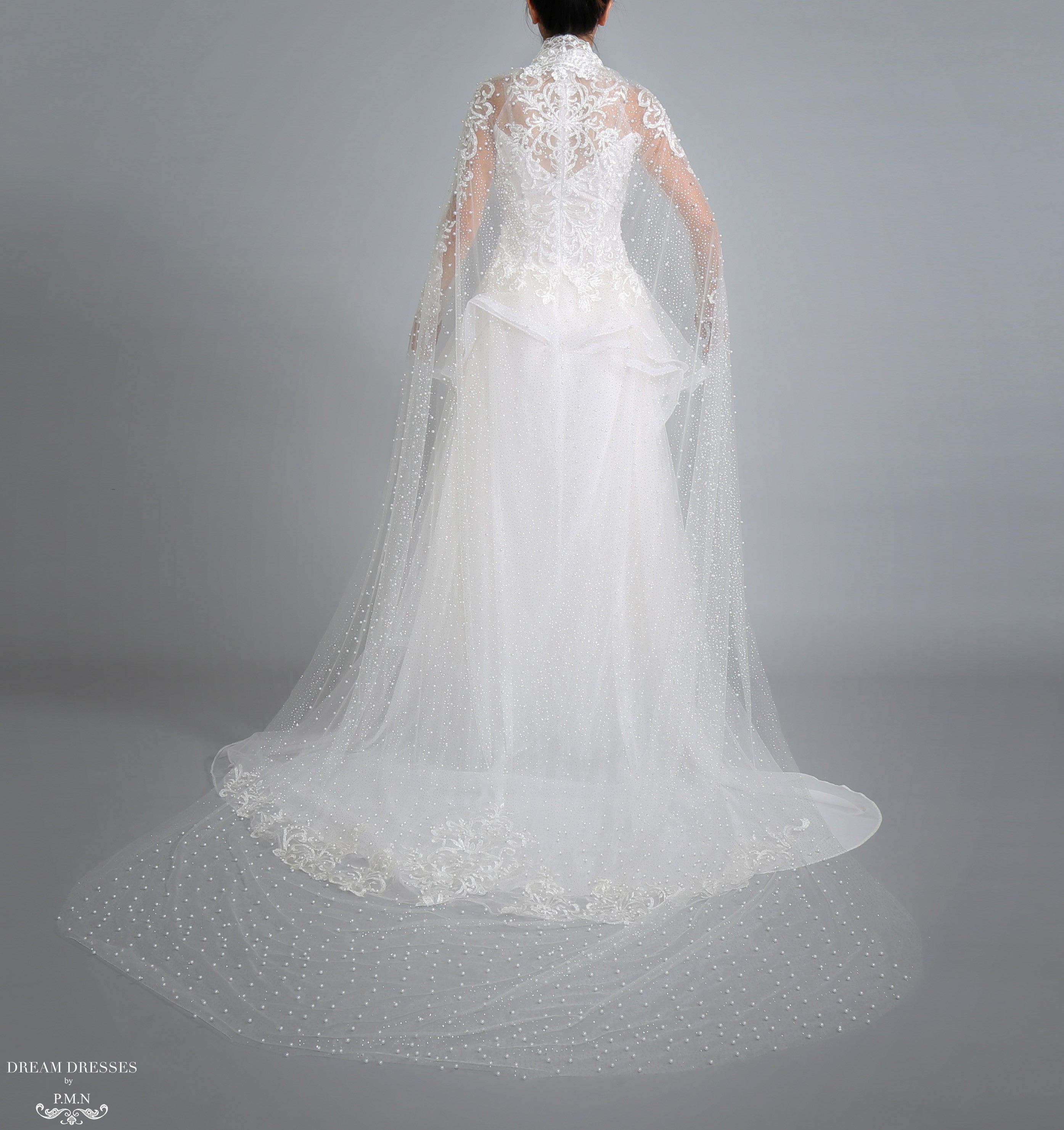 Sparkling Cathedral Pearl Bridal Cape (#AXELLE)