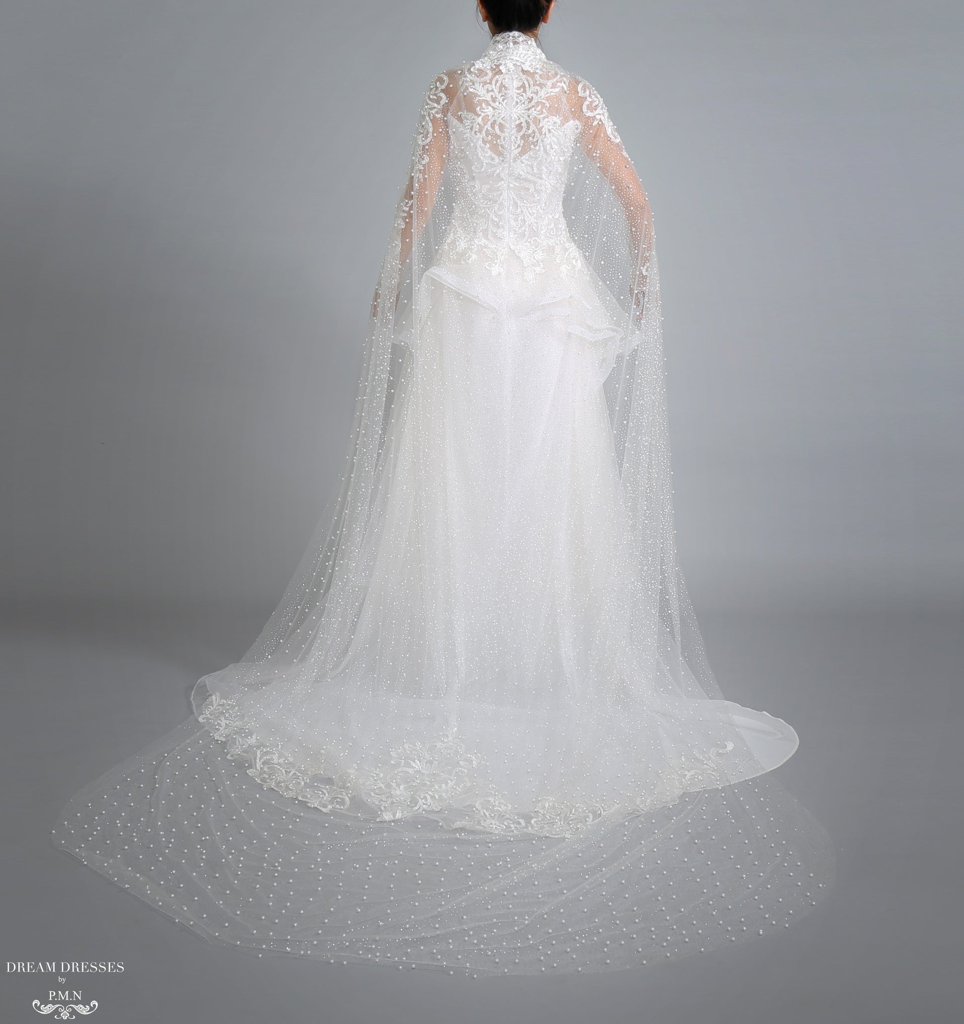 Sparkling Cathedral Pearl Bridal Cape (#AXELLI) - Dream Dresses by P.M.N.