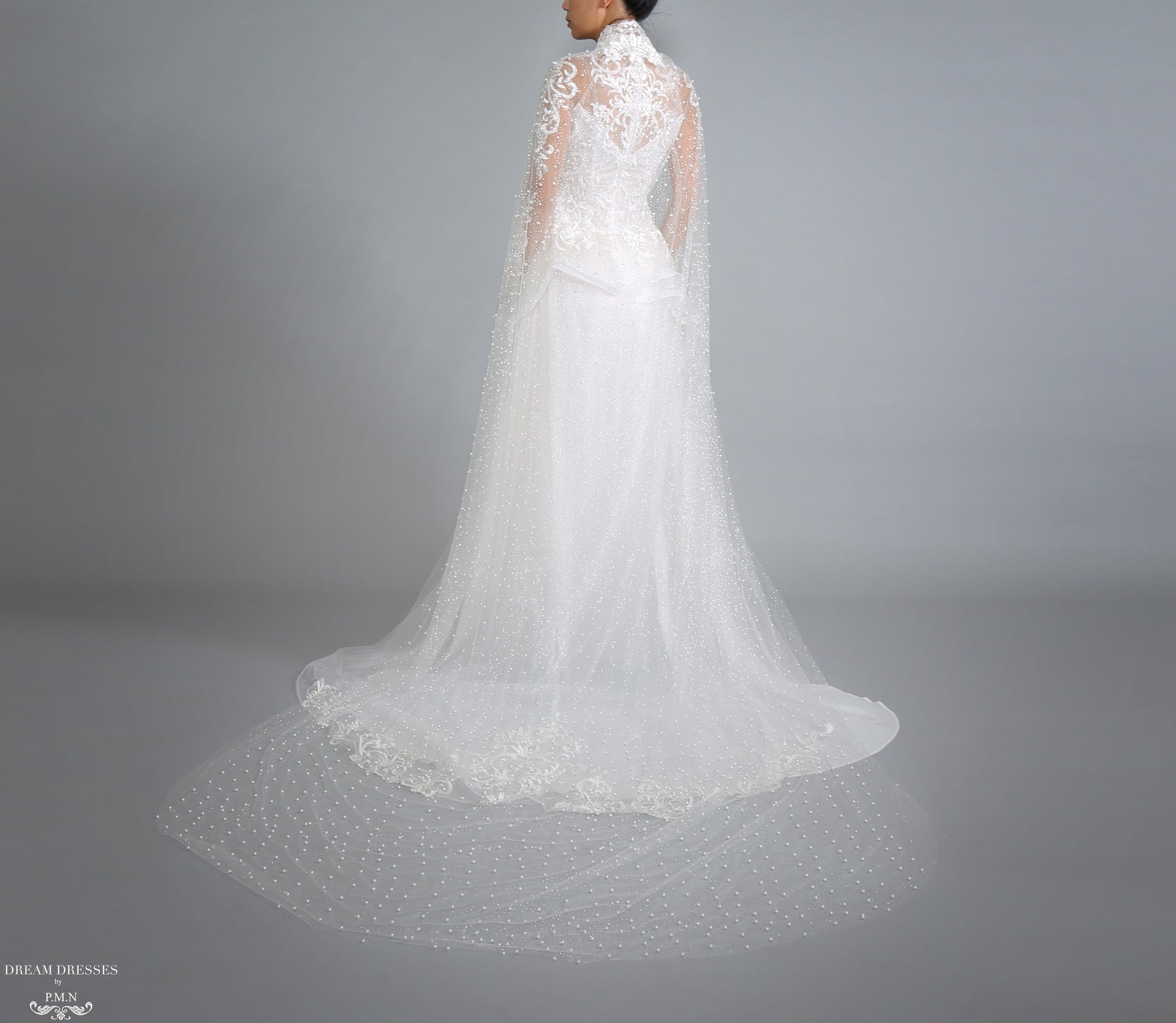 Sparkling Cathedral Pearl Bridal Cape (#AXELLI) - Dream Dresses by P.M.N.