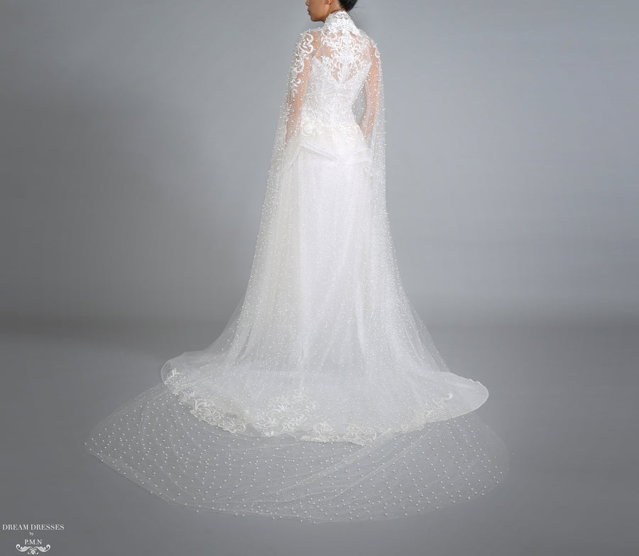 Sparkling Cathedral Pearl Bridal Cape (#AXELLI) - Dream Dresses by P.M.N.