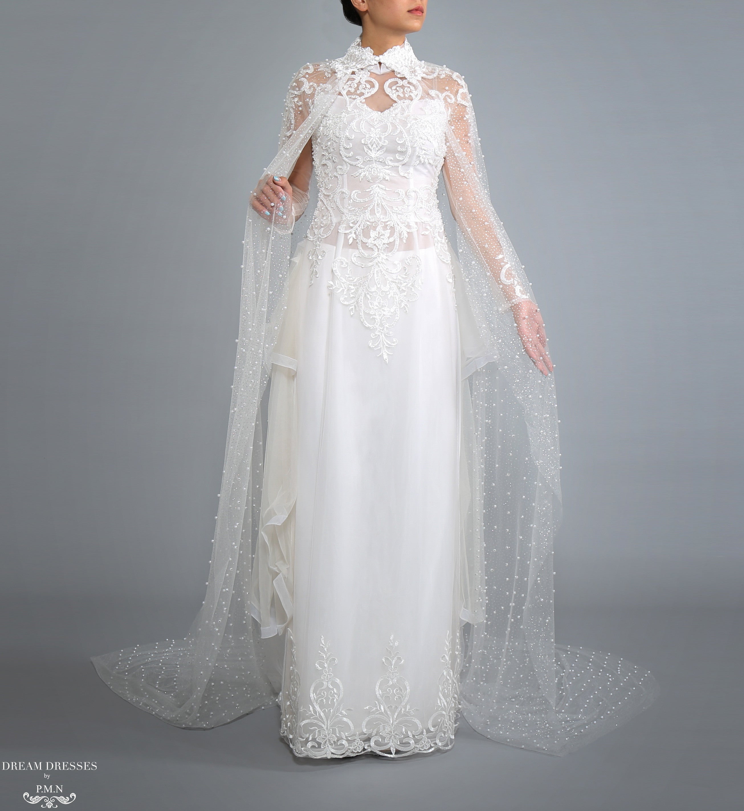 Sparkling Cathedral Pearl Bridal Cape (#AXELLE)