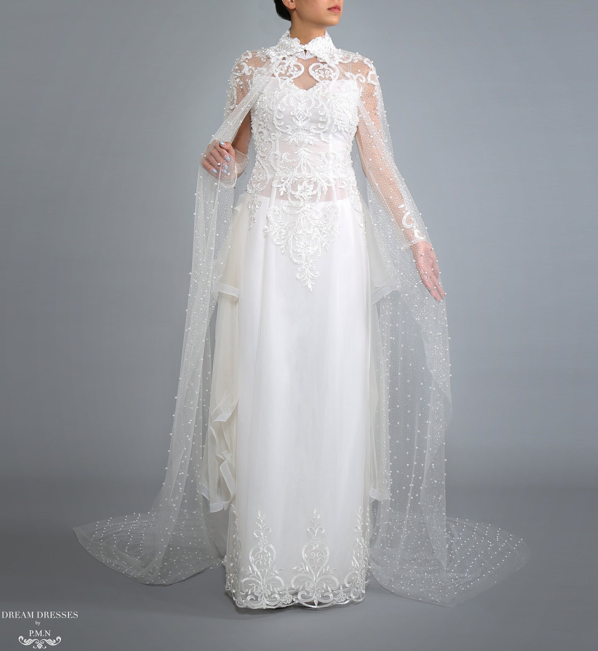 Sparkling Cathedral Pearl Bridal Cape (#AXELLI) - Dream Dresses by P.M.N.
