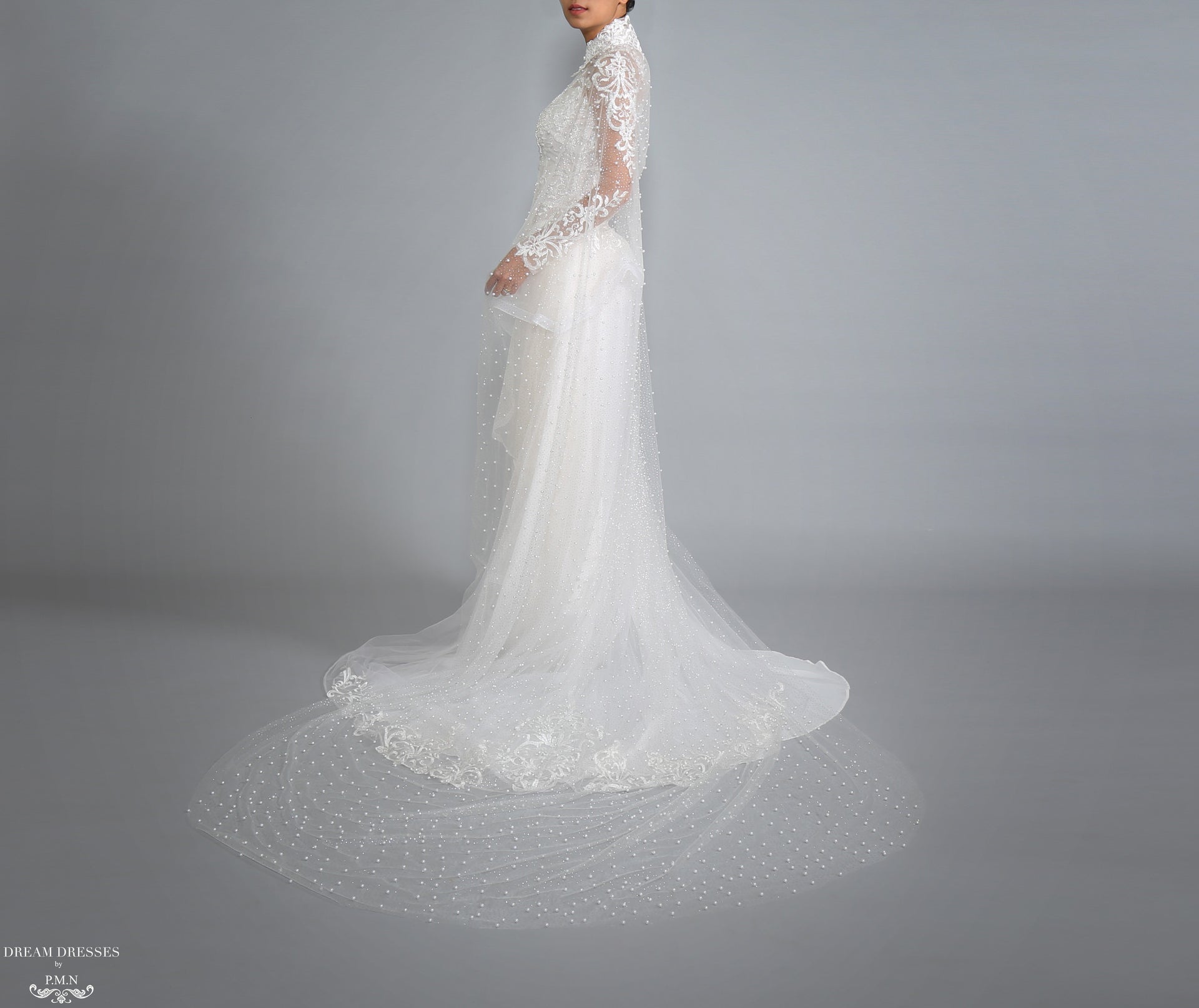 Sparkling Cathedral Pearl Bridal Cape (#AXELLI) - Dream Dresses by P.M.N.