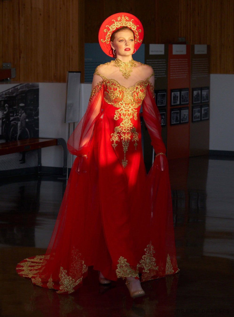 Red Ao Dai Cape | Vietnamese Bridal Cape Sleeves (#ALANA) - Dream Dresses by P.M.N.