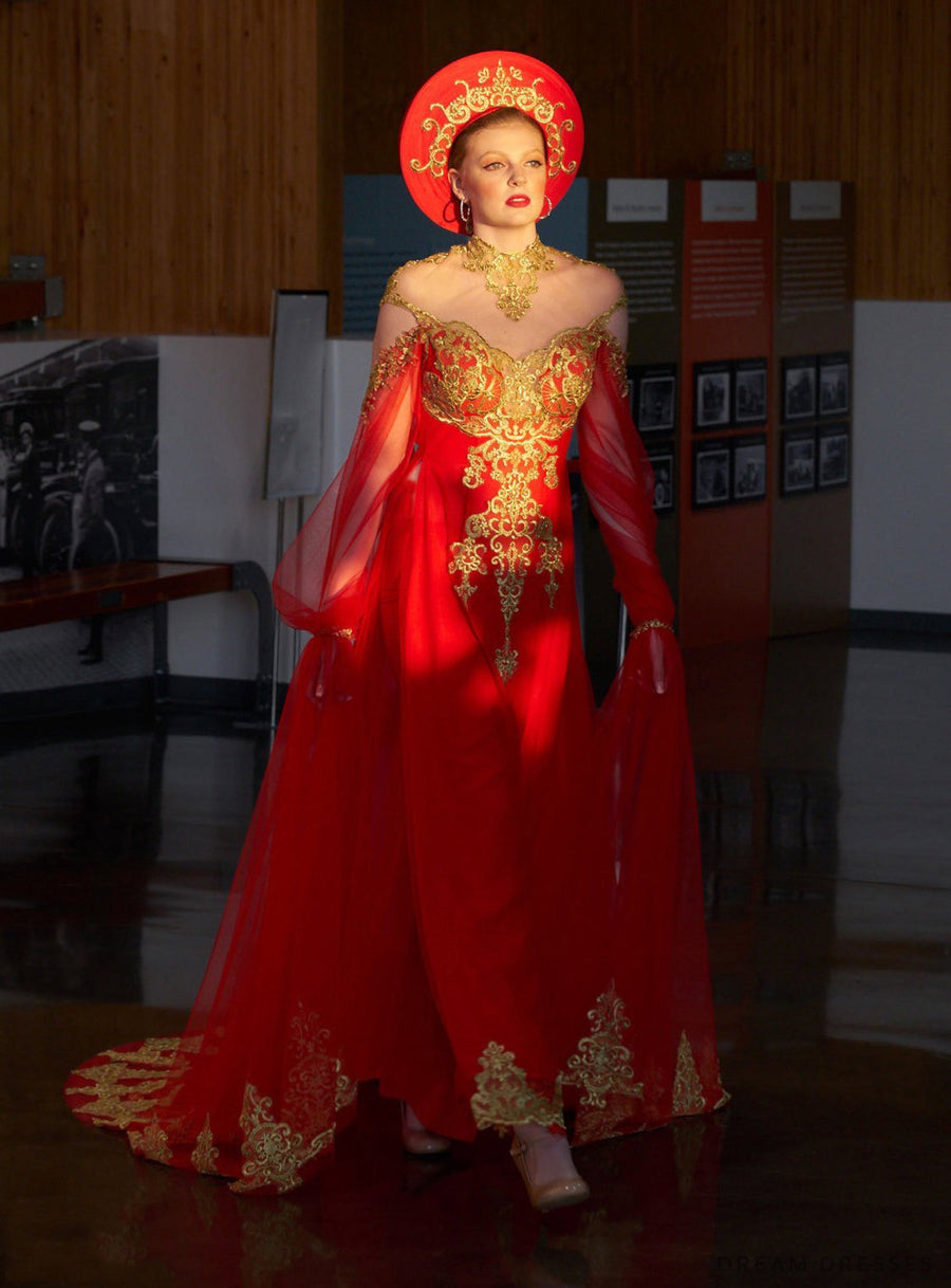 Red Ao Dai Cape | Vietnamese Bridal Cape Sleeves (#ALANA) - Dream Dresses by P.M.N.
