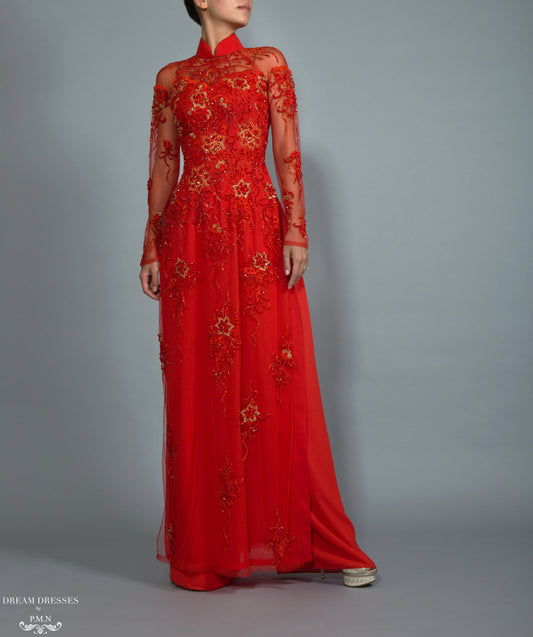 Red Bridal Ao Dai | Vietnamese Lace Bridal Dress (#BRUCIE) - Dream Dresses by P.M.N.