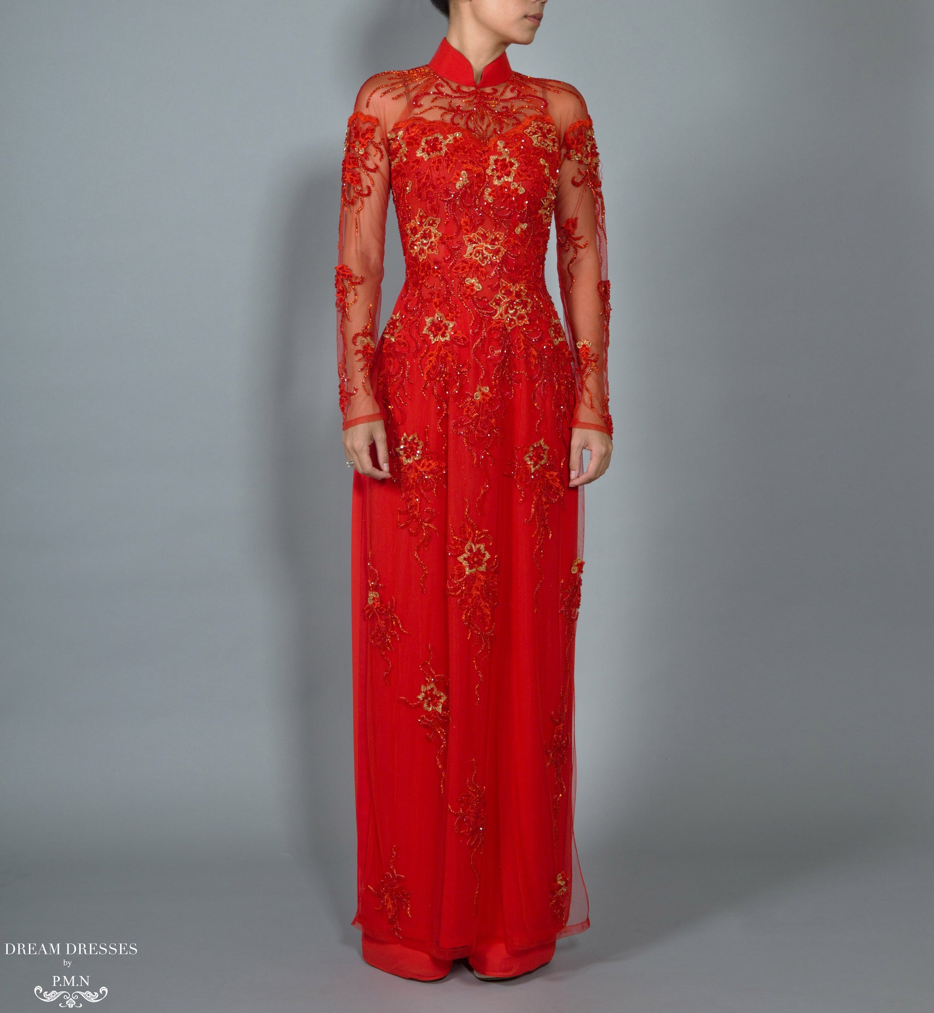 Red Bridal Ao Dai | Vietnamese Lace Bridal Dress (#BRUCIE) - Dream Dresses by P.M.N.