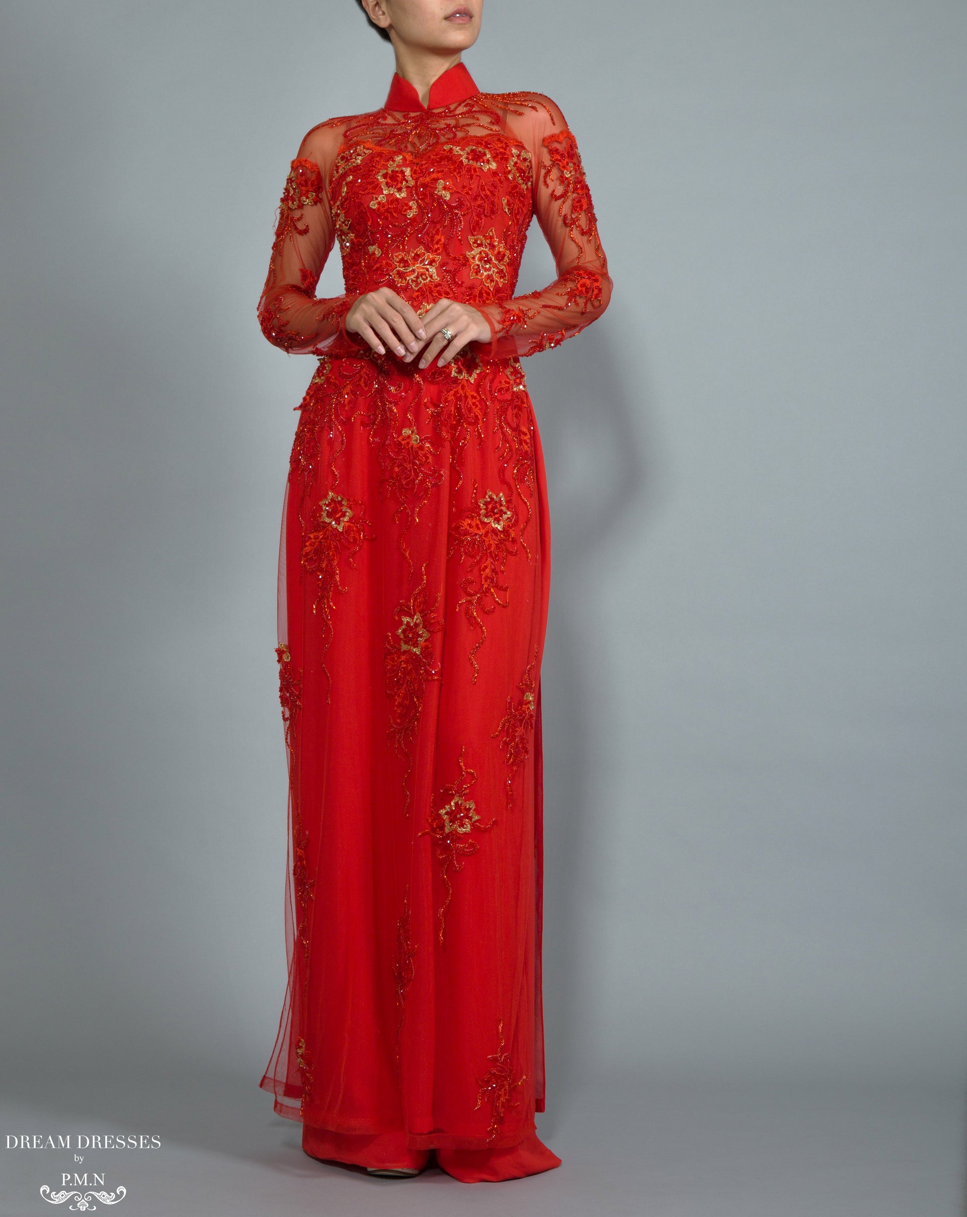 Red Bridal Ao Dai | Vietnamese Lace Bridal Dress (#BRUCIE) - Dream Dresses by P.M.N.