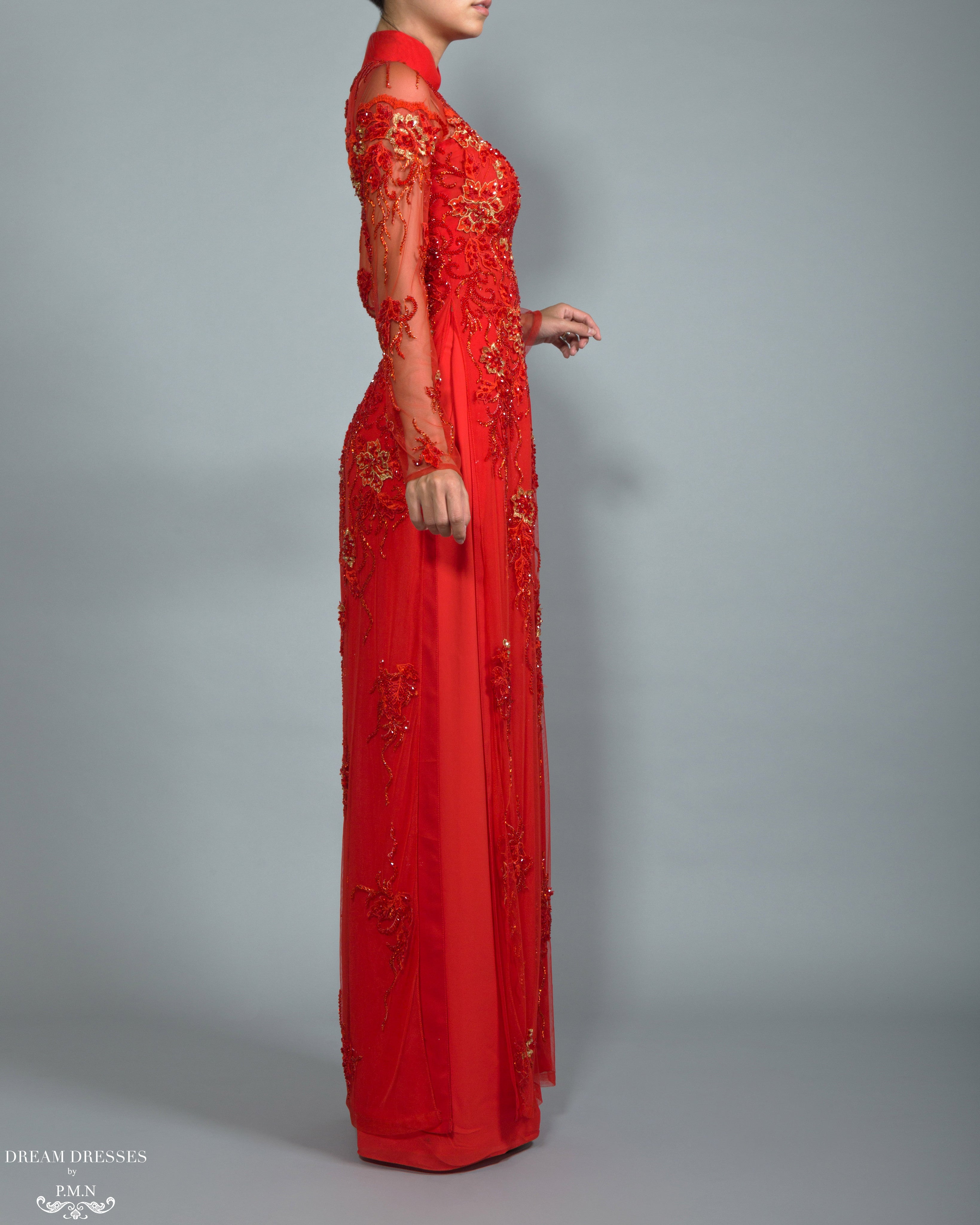 Red Bridal Ao Dai | Vietnamese Lace Bridal Dress (#BRUCIE)
