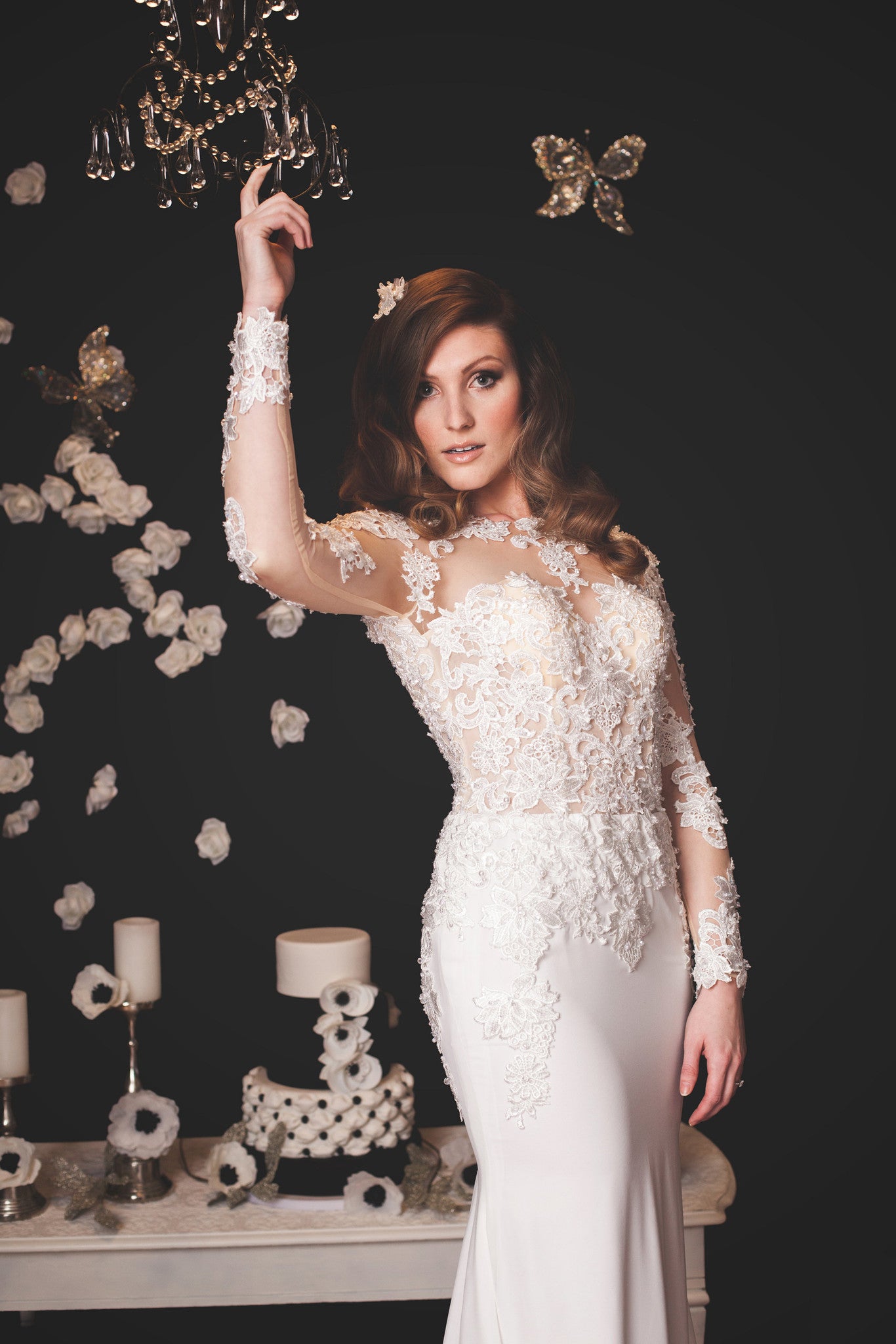 DreamDress By PMN Fit & Flare Wedding Dress Gown Sheer Illusion Neck & Open Back Floral Embellishment Long Sleeves Chapel Train | Size: Medium DreamDress By PMN Fit & Flare Wedding Dress Gown Sheer Illusion Neck & Open Back Floral Embellishment Long Sleeves Chapel Train | Size: Medium