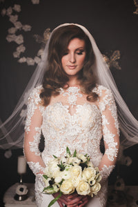 Modern Long Sleeve Wedding Dress With Key Hole Back (Style # Liz PB096) - Dream Dresses by P.M.N
 - 6