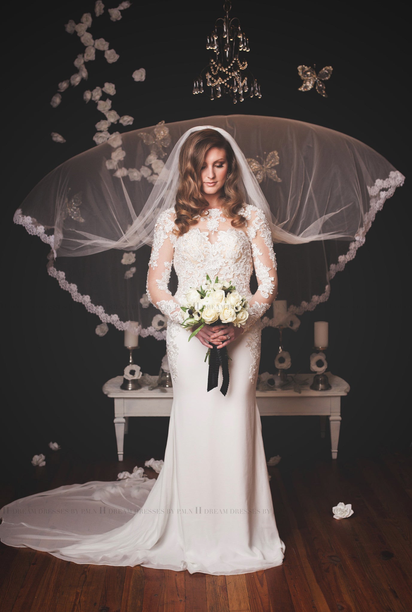 Modern Long Sleeve Wedding Dress With Key Hole Back (Style # Liz PB096) - Dream Dresses by P.M.N
 - 1