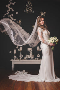 Modern Long Sleeve Wedding Dress With Key Hole Back (Style # Liz PB096) - Dream Dresses by P.M.N
 - 8