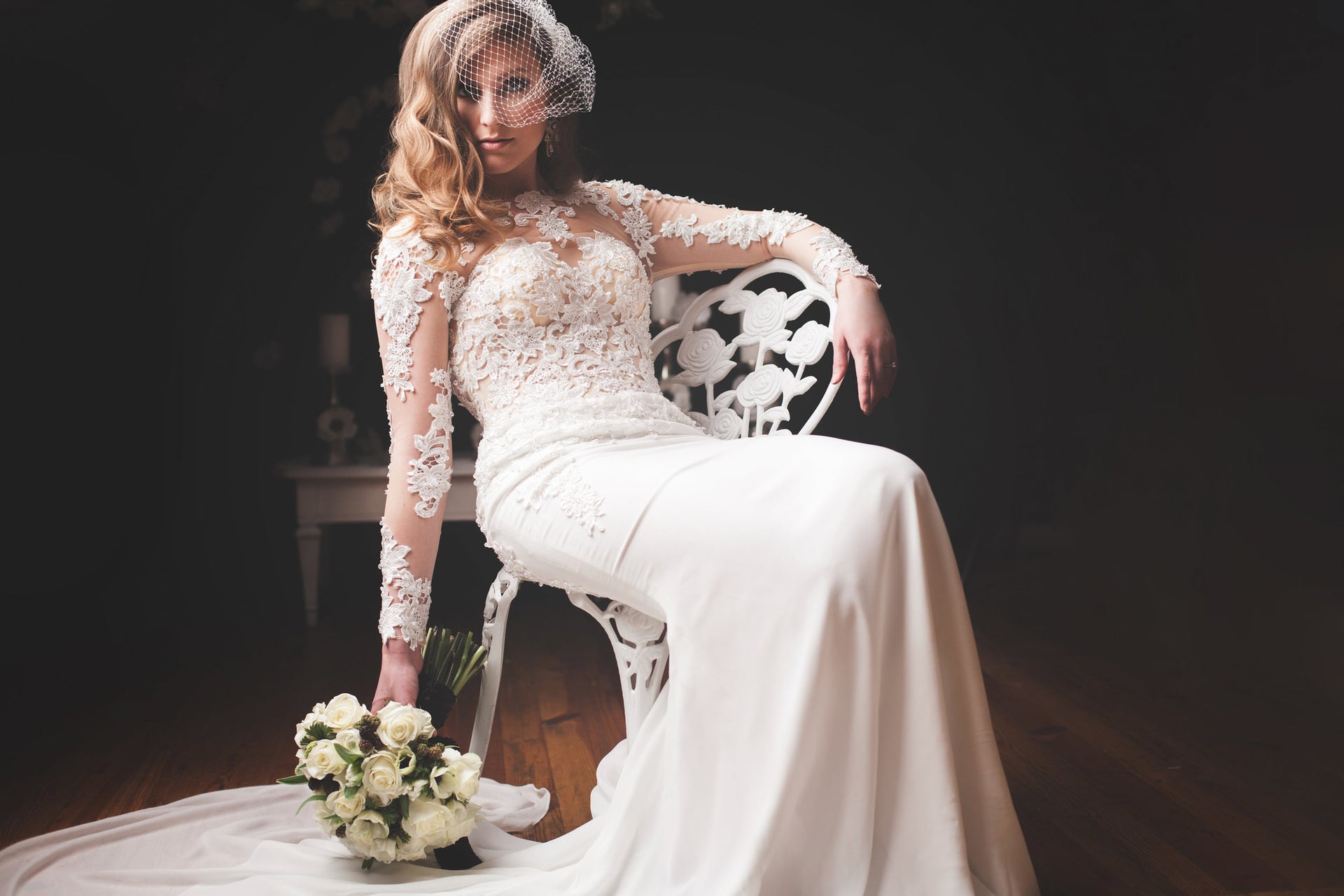 DreamDress By PMN Fit & Flare Wedding Dress Gown Sheer Illusion Neck & Open Back Floral Embellishment Long Sleeves Chapel Train