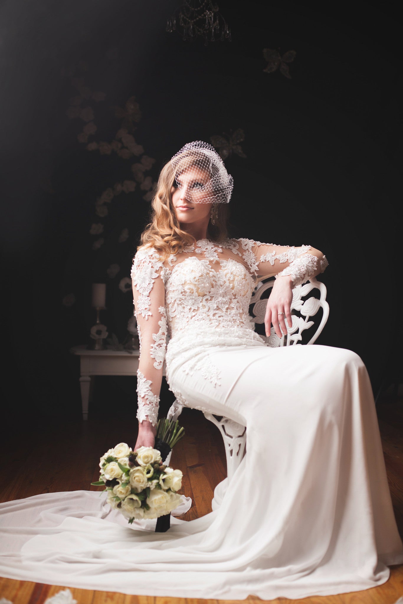 DreamDress By PMN Fit & Flare Wedding Dress Gown Sheer Illusion Neck & Open Back Floral Embellishment Long Sleeves Chapel Train | Size: Medium DreamDress By PMN Fit & Flare Wedding Dress Gown Sheer Illusion Neck & Open Back Floral Embellishment Long Sleeves Chapel Train | Size: Medium
