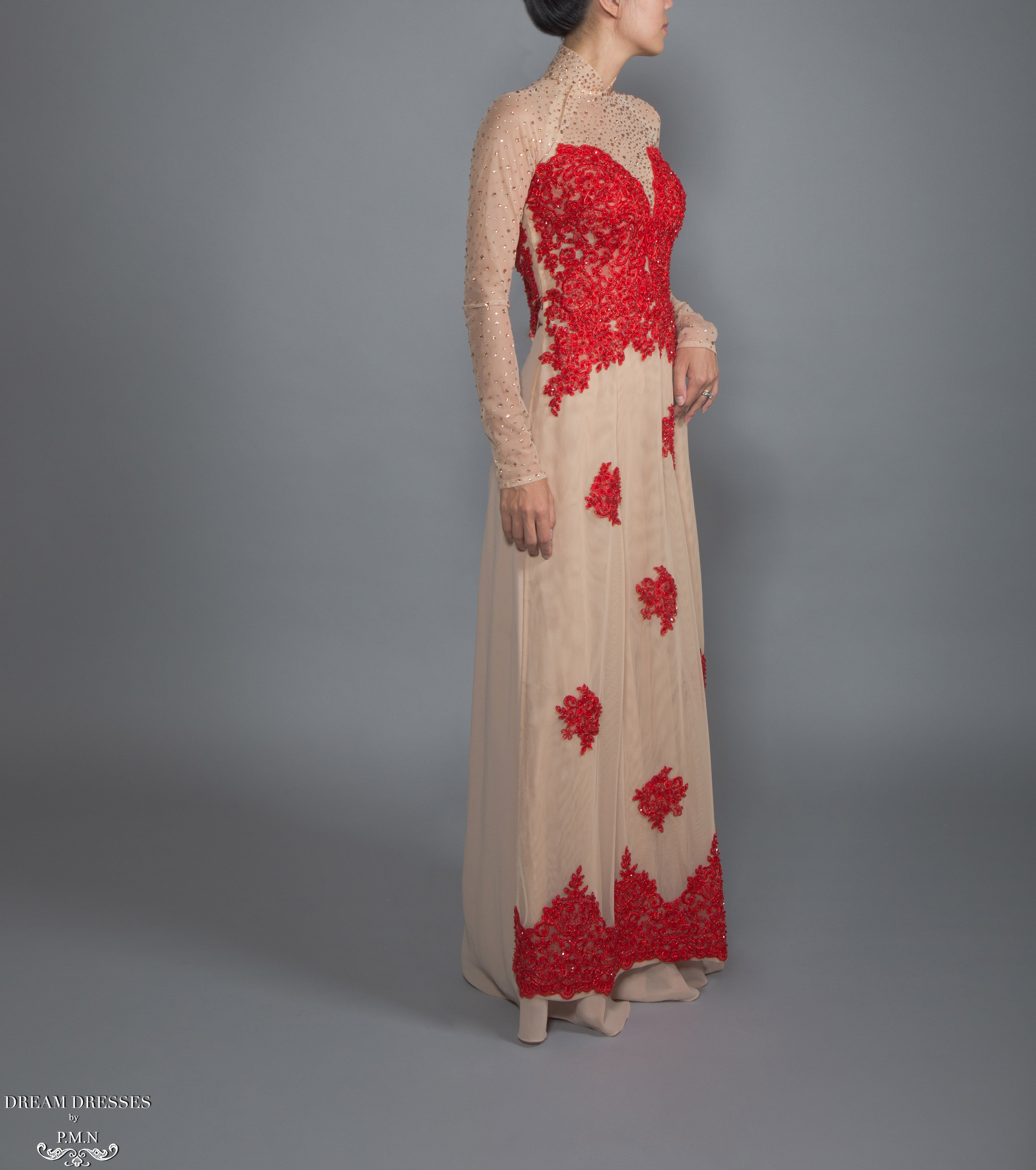 Red and Beige Ao Dai | Vietnamese Lace Bridal Dress (#CALIANA)