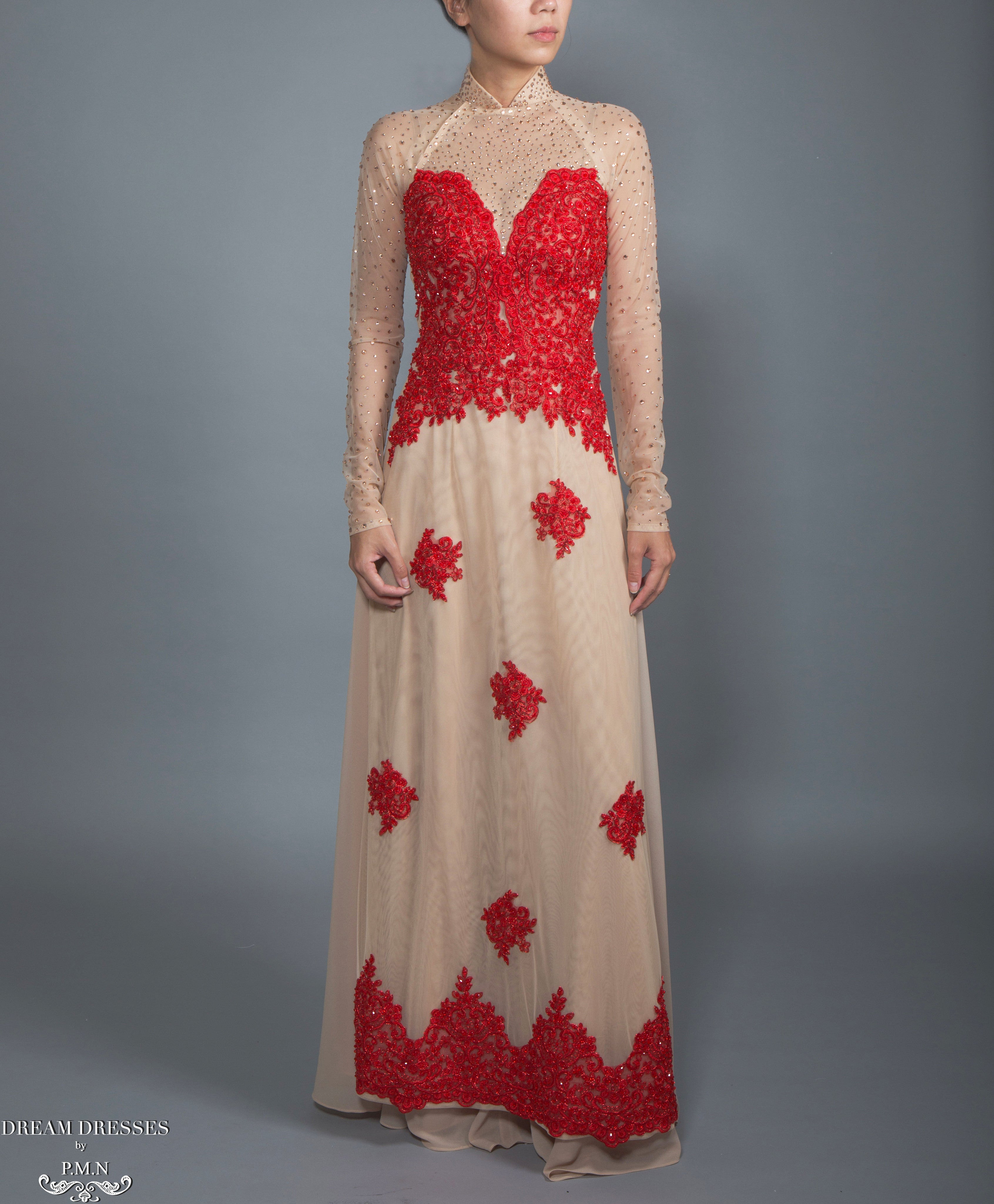 DreamDress By PMN Ao Dai Inspired Wedding Dress Gown Red & Beige Illusion Deep Floral Sequin Embellishment Chiffon Pants DreamDress By PMN Ao Dai Inspired Wedding Dress Gown Red & Beige Illusion Deep Floral Sequin Embellishment Chiffon Pants
